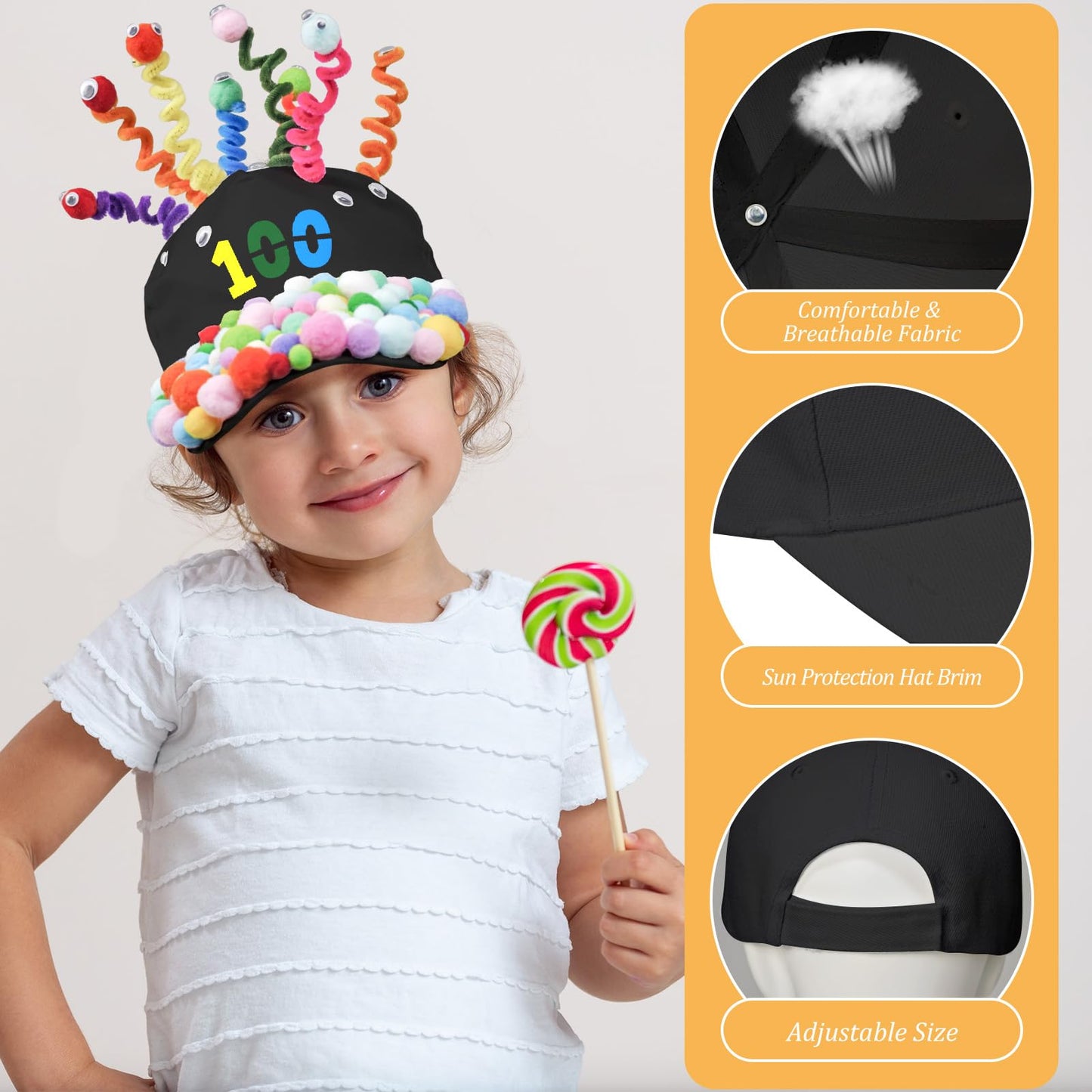 Cinrobiye 3-Piece 100 Days of School DIY Hats Kit – Adjustable Baseball Cap Craft