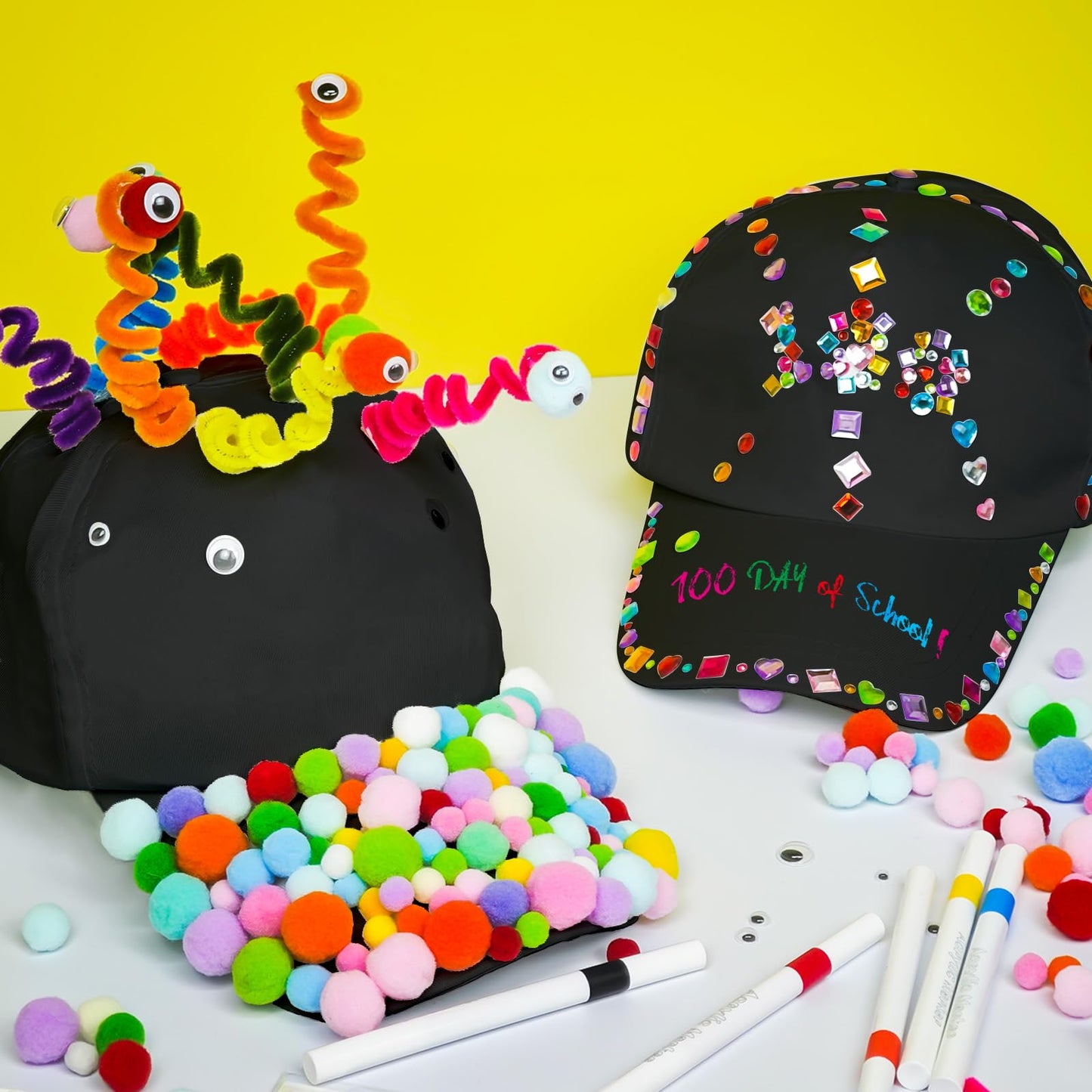 Cinrobiye 3-Piece 100 Days of School DIY Hats Kit – Adjustable Baseball Cap Craft