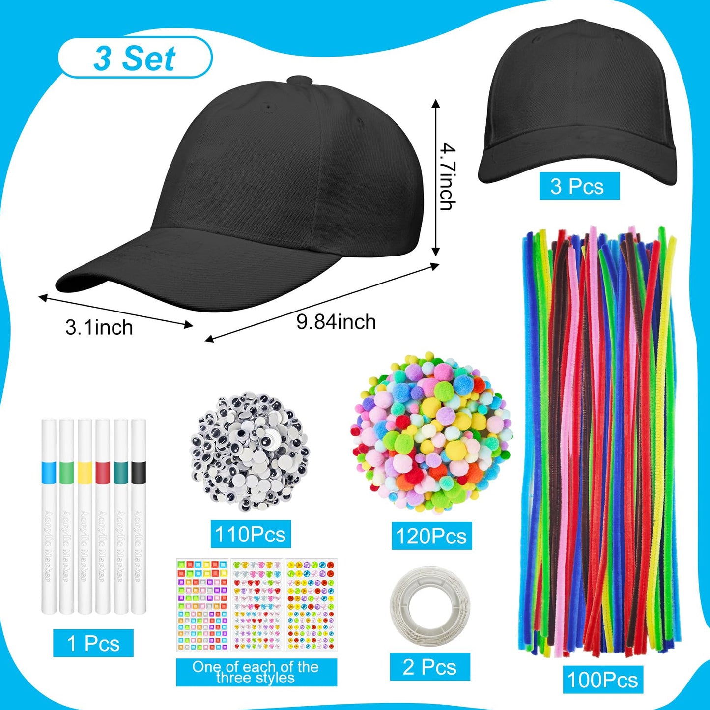 Cinrobiye 3-Piece 100 Days of School DIY Hats Kit – Adjustable Baseball Cap Craft