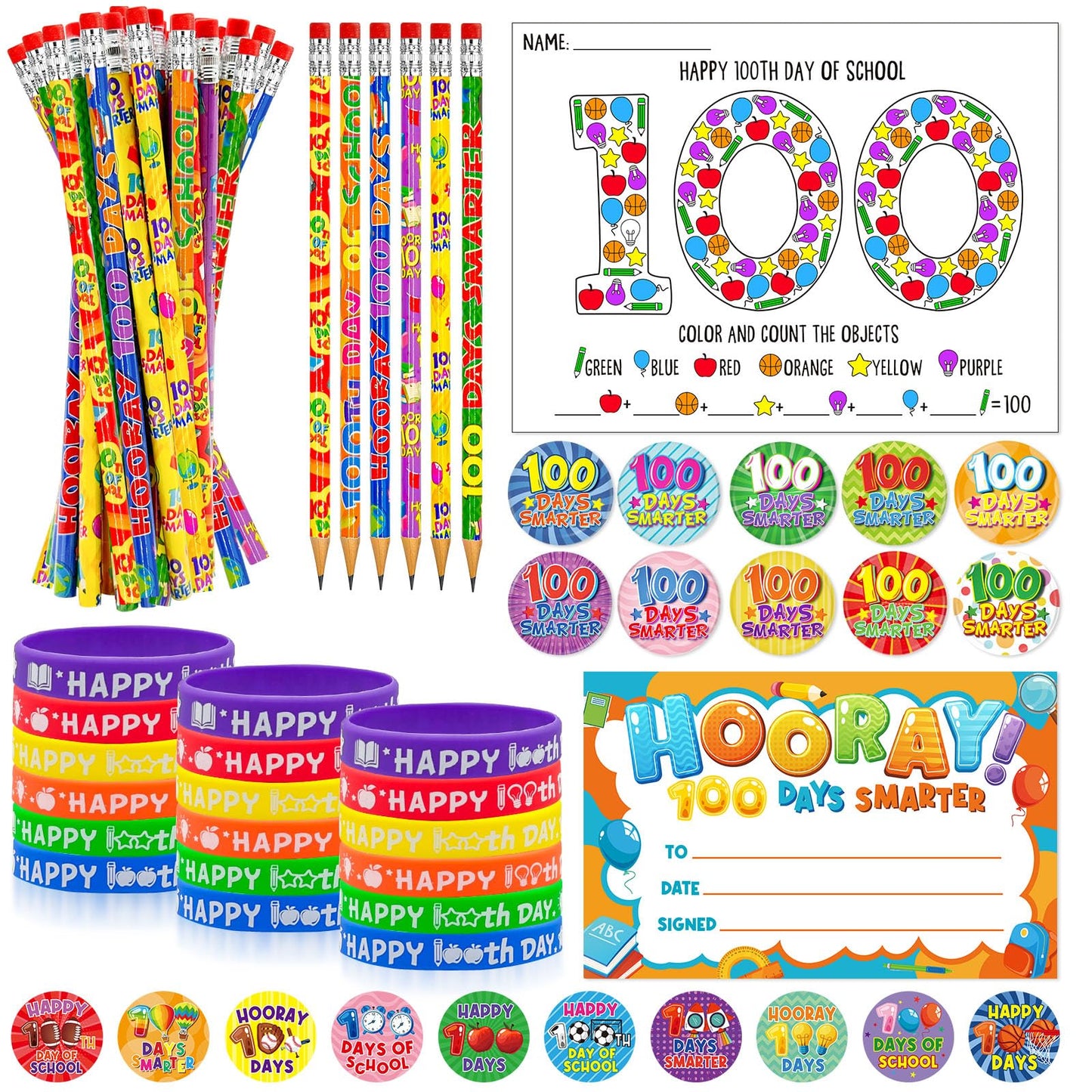 Cinrobiye 180 Pcs 100 Days Awards Set – Certificates, Bracelets, Posters & More for Classroom Celebrations