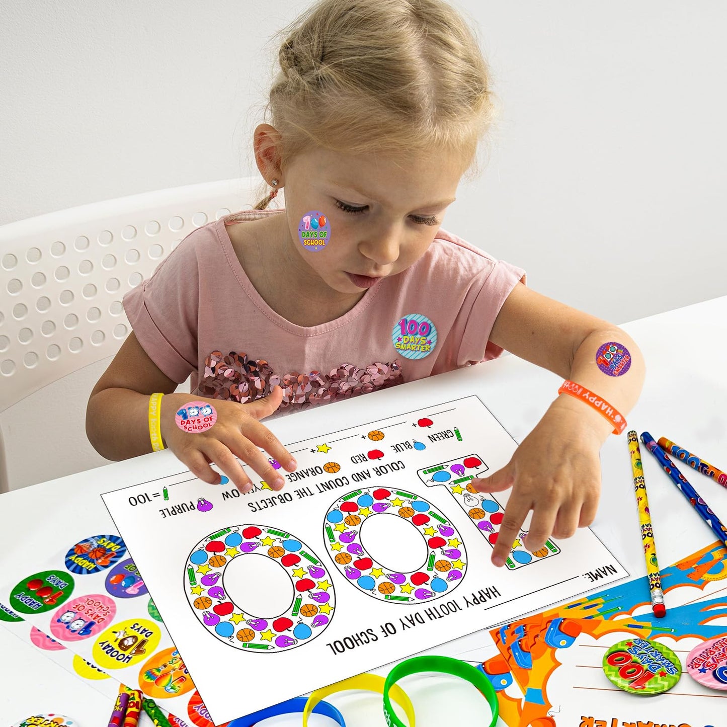Cinrobiye 180 Pcs 100 Days Awards Set – Certificates, Bracelets, Posters & More for Classroom Celebrations