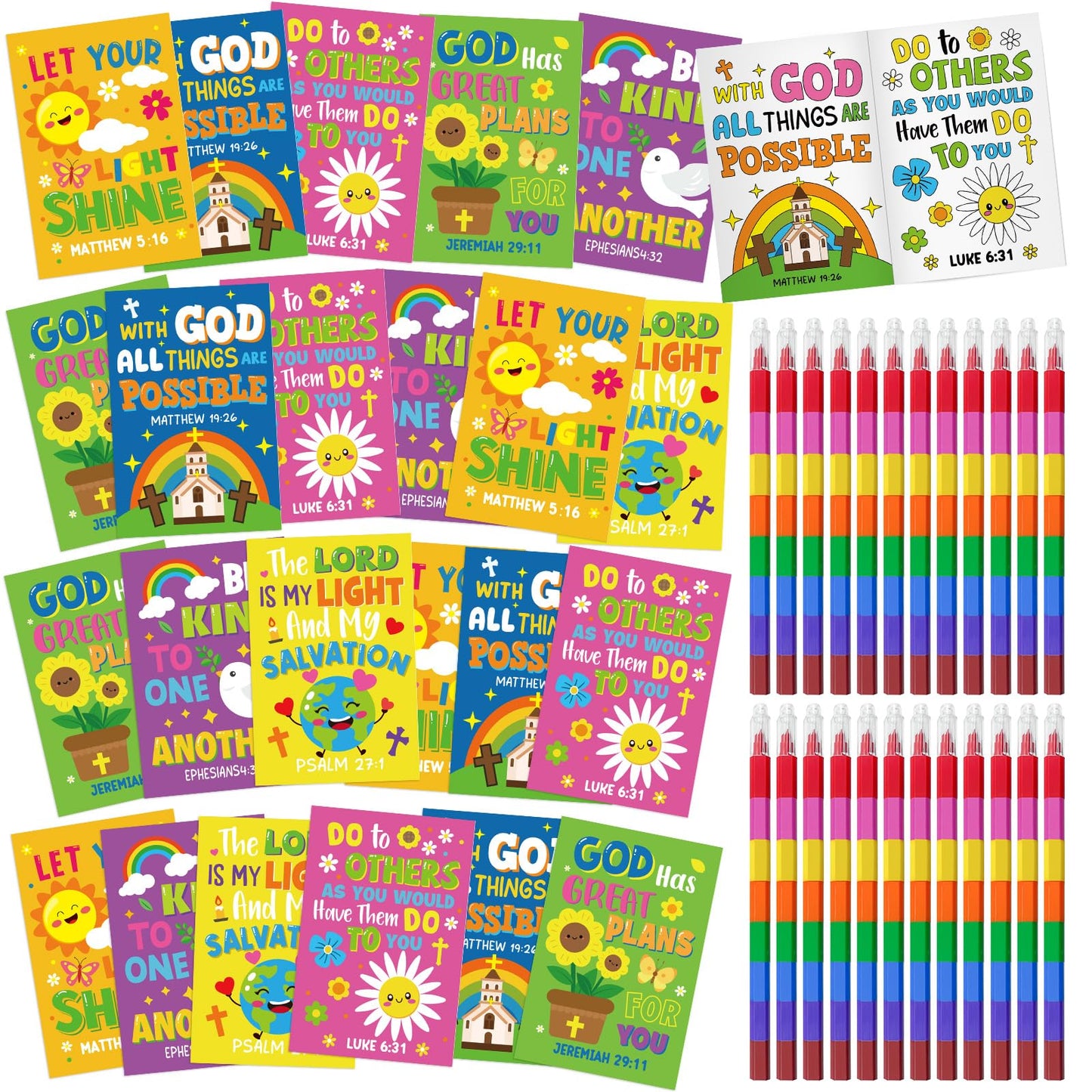 Cinrobiye 24-Set Bible Coloring Books with 24 Stacking Crayons – Sunday School & Party Favors