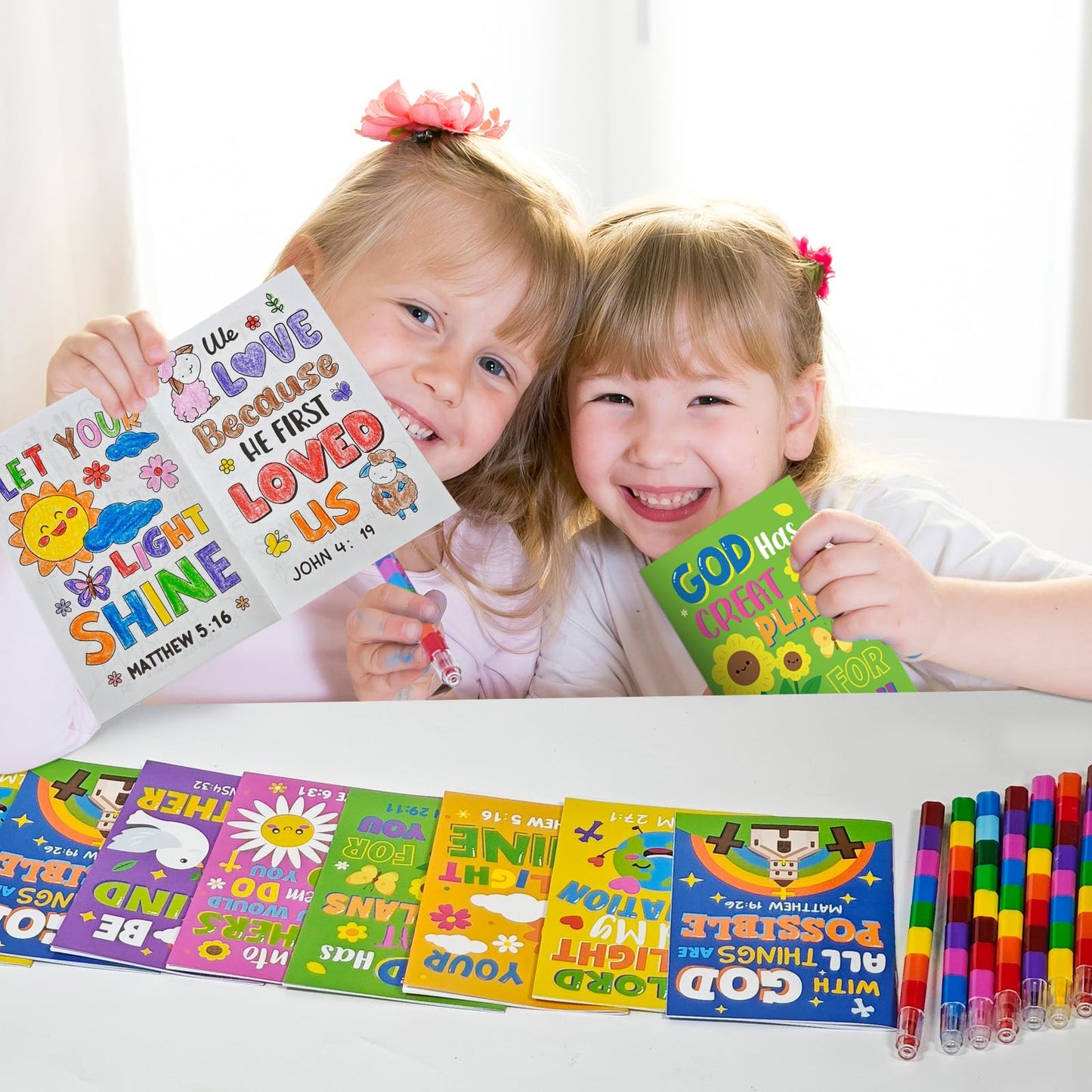 Cinrobiye 24-Set Bible Coloring Books with 24 Stacking Crayons – Sunday School & Party Favors
