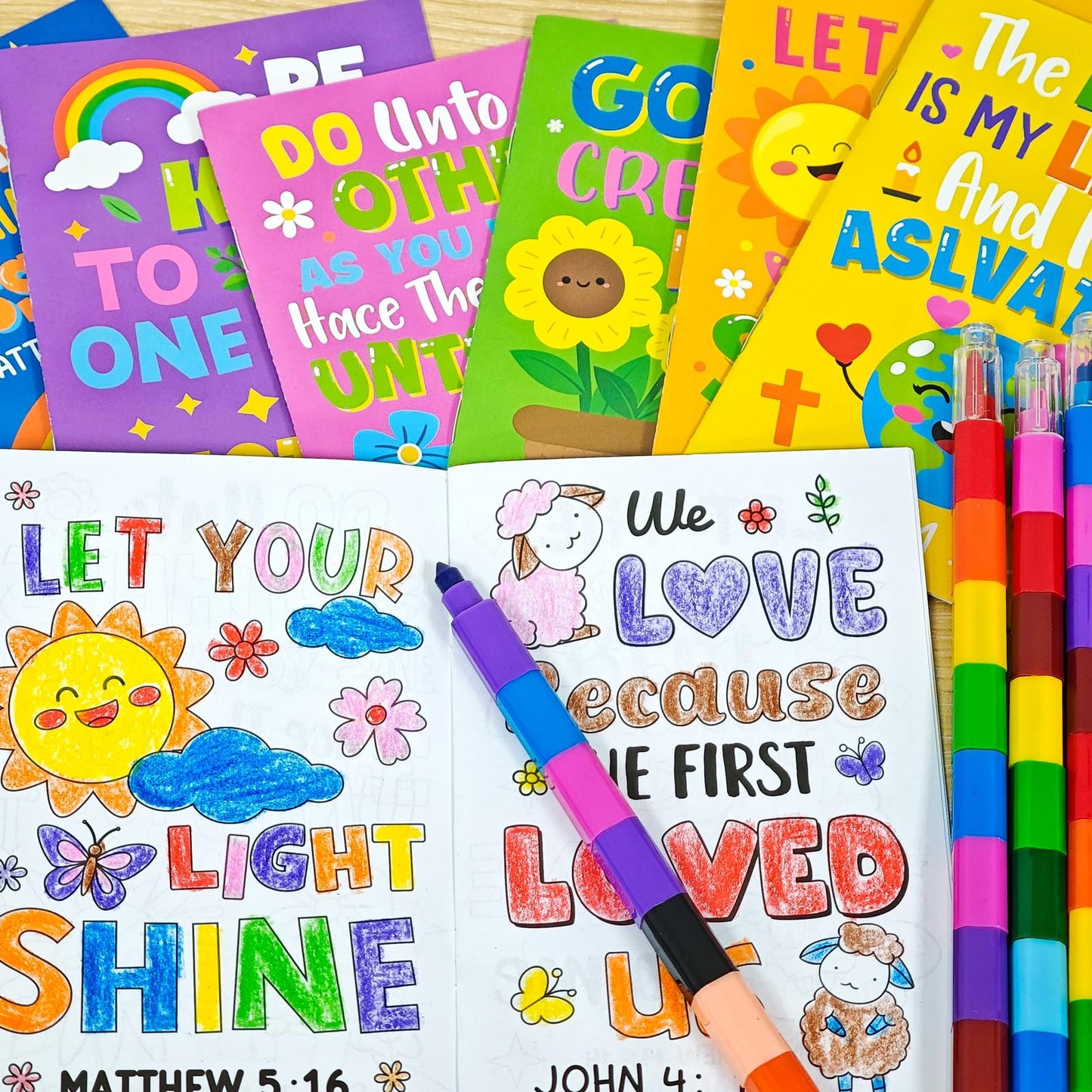 Cinrobiye 24-Set Bible Coloring Books with 24 Stacking Crayons – Sunday School & Party Favors