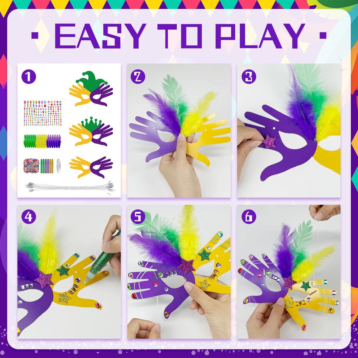 Cinrobiye 30-Set Mardi Gras Mask Craft Kit | DIY Carnival Masks for Kids and Parties
