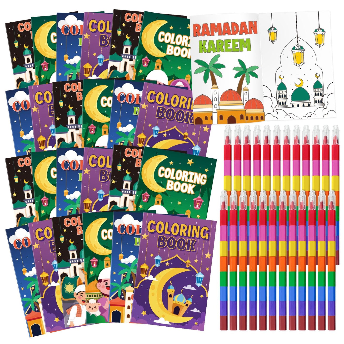 Cinrobiye 24 Ramadan Coloring Books Bulk with 24 Stacking Crayons Set – Eid Mubarak Activity Kit