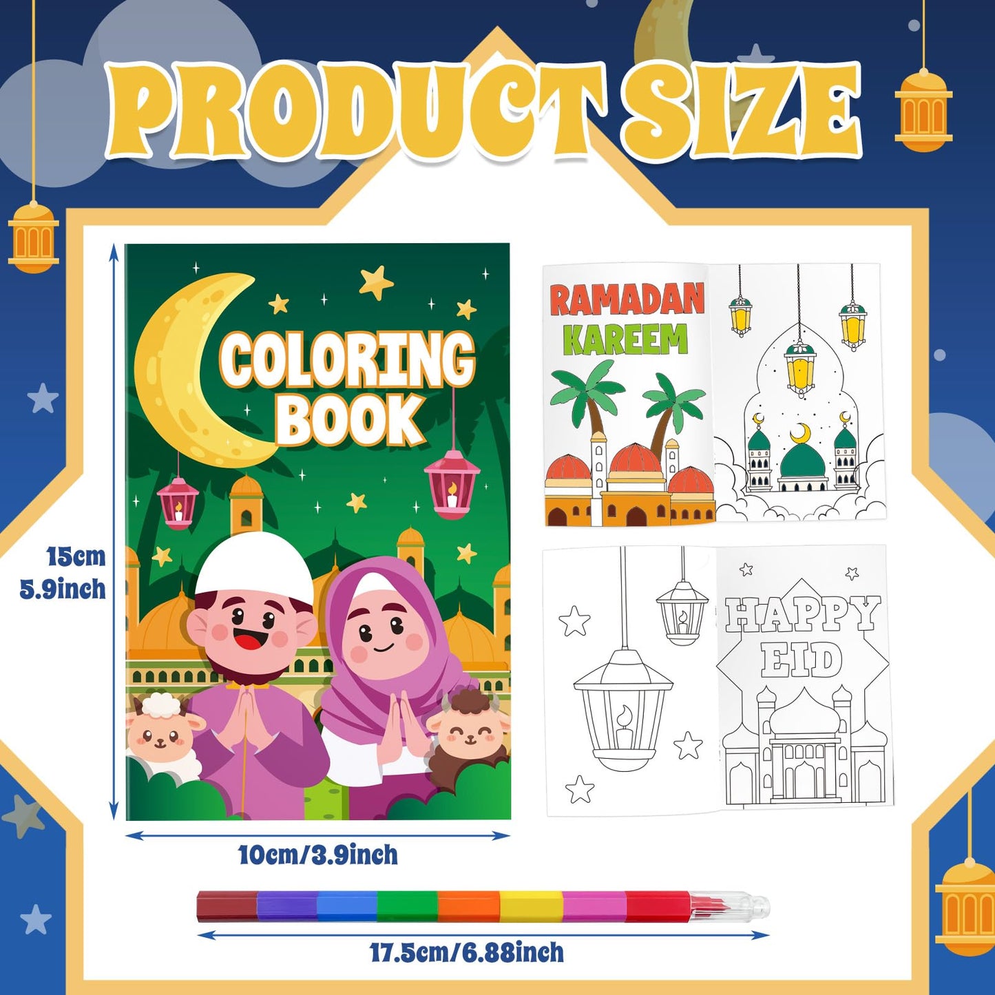 Cinrobiye 24 Ramadan Coloring Books Bulk with 24 Stacking Crayons Set – Eid Mubarak Activity Kit