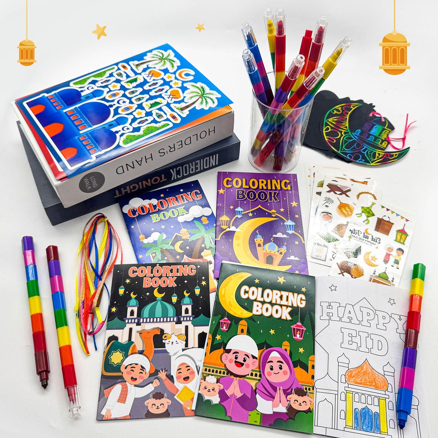 Cinrobiye 24 Ramadan Coloring Books Bulk with 24 Stacking Crayons Set – Eid Mubarak Activity Kit