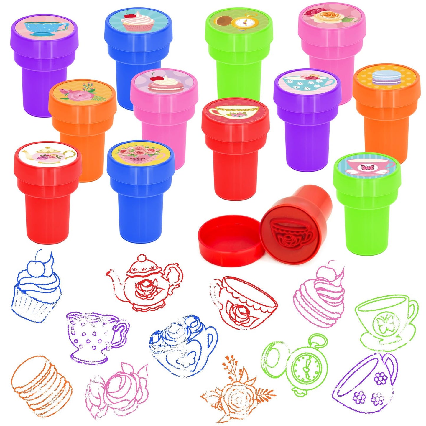 Cinrobiye 24 Pcs Tea Party Stampers – Floral Teapot Party Favors & Classroom Prizes
