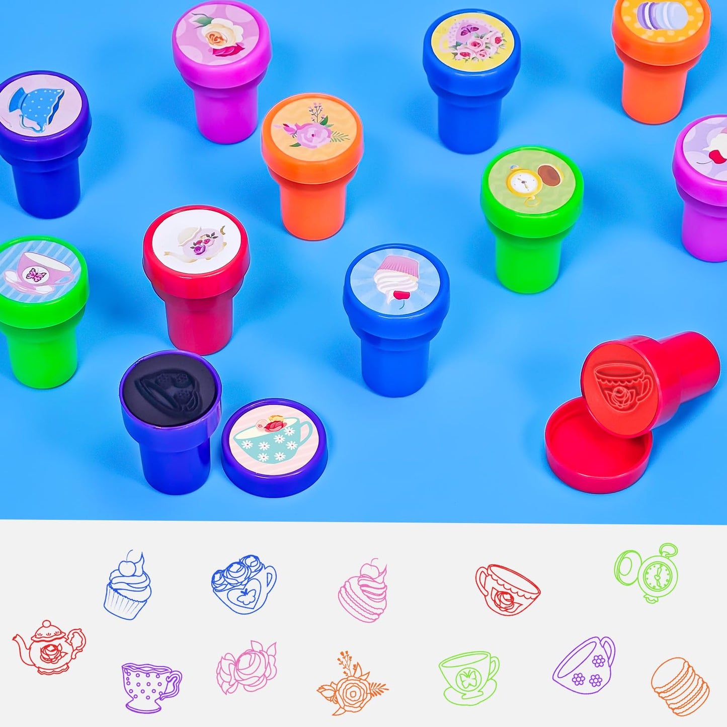 Cinrobiye 24 Pcs Tea Party Stampers – Floral Teapot Party Favors & Classroom Prizes