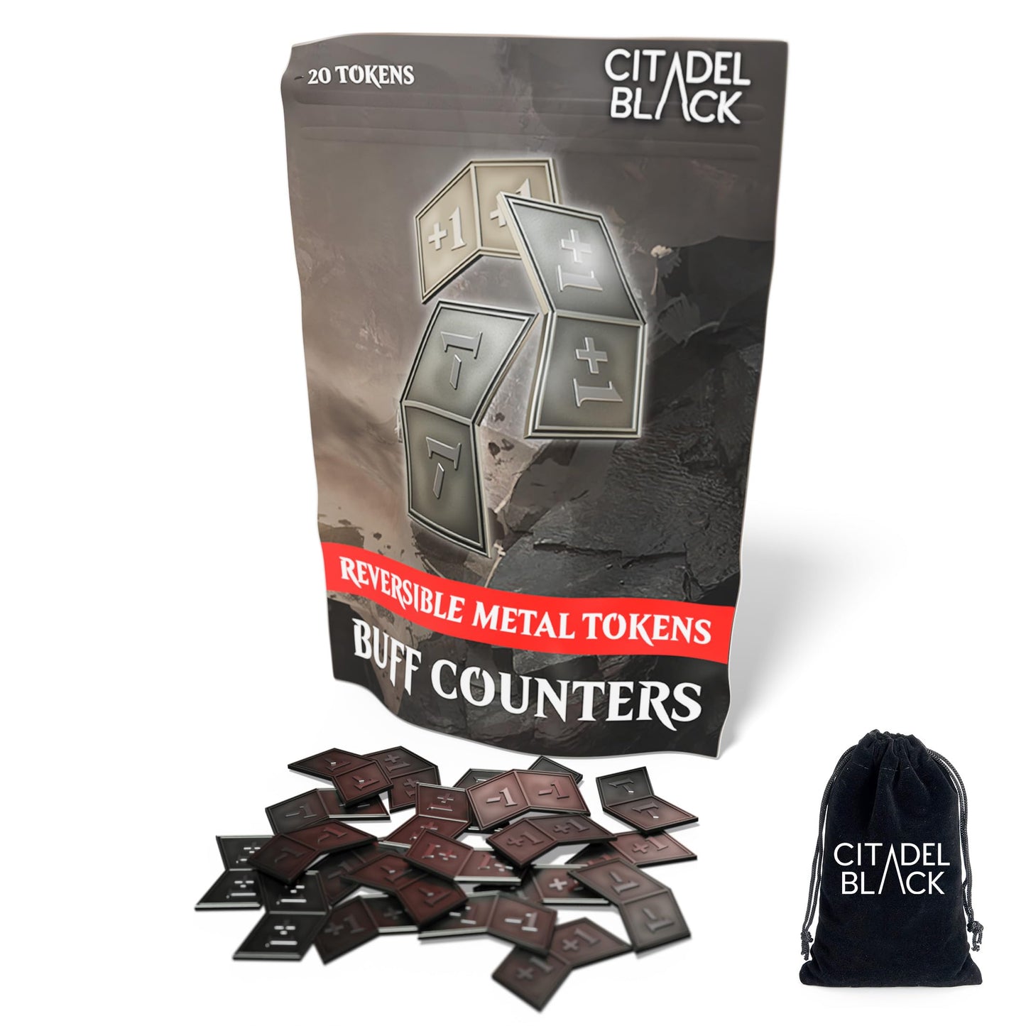 Citadel Black MTG Buff Counters: 20 Metal Tokens with Velvet Pouch – Antique Silver Finish