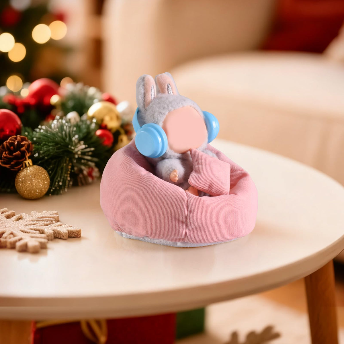 Ciunura Doll Seat for LABUBU – Handmade Pink Bean Bag Sofa with Blue Earphone (17 cm) | Anti-Slip Bottom
