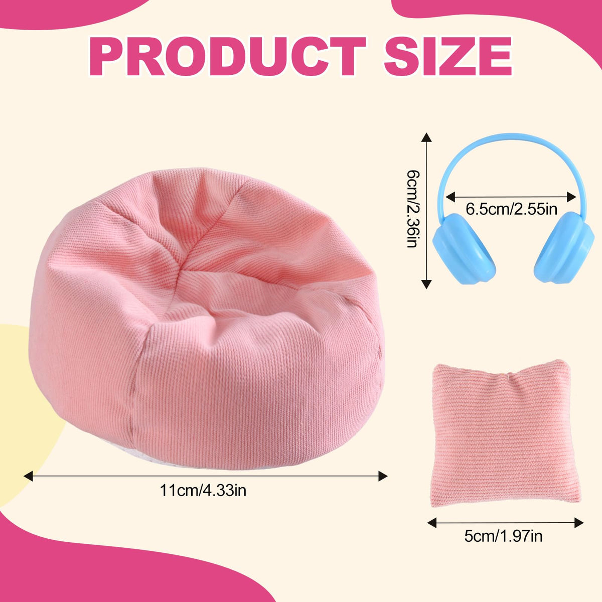 Ciunura Doll Seat for LABUBU – Handmade Pink Bean Bag Sofa with Blue Earphone (17 cm) | Anti-Slip Bottom