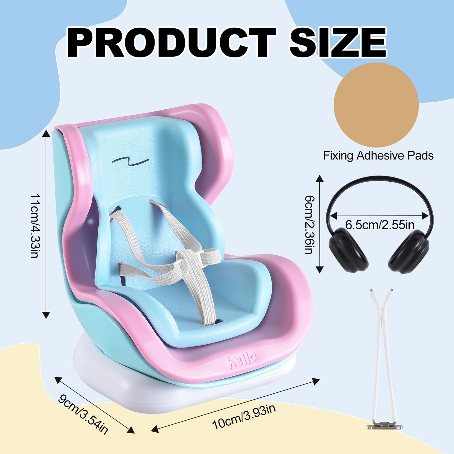 Ciunura Doll Car Seat for 10-17 cm Dolls – Air Vent Clip, Desktop Stand, Adjustable Strap (Pink/Blue)