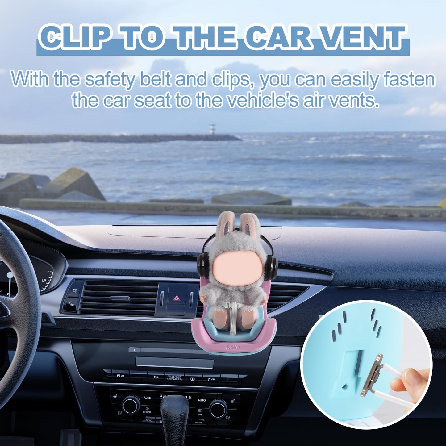 Ciunura Doll Car Seat for 10-17 cm Dolls – Air Vent Clip, Desktop Stand, Adjustable Strap (Pink/Blue)