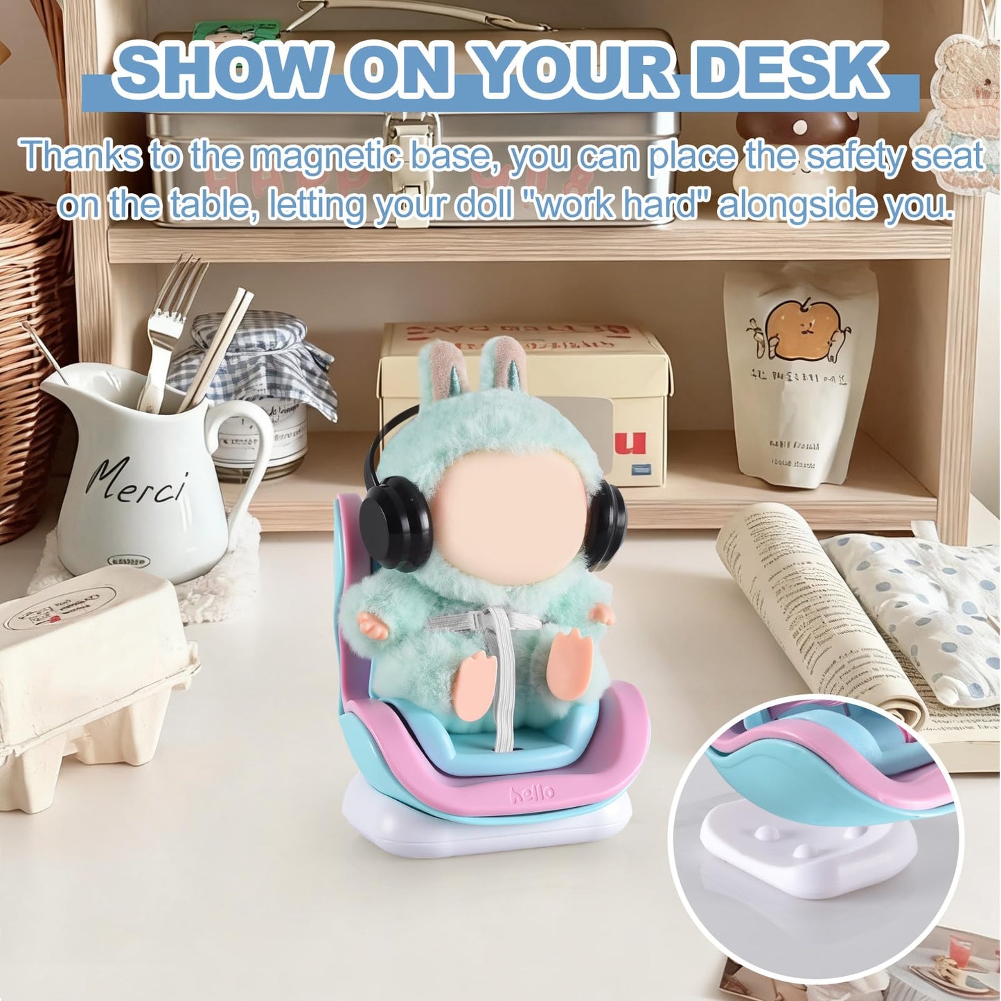 Ciunura Doll Car Seat for 10-17 cm Dolls – Air Vent Clip, Desktop Stand, Adjustable Strap (Pink/Blue)