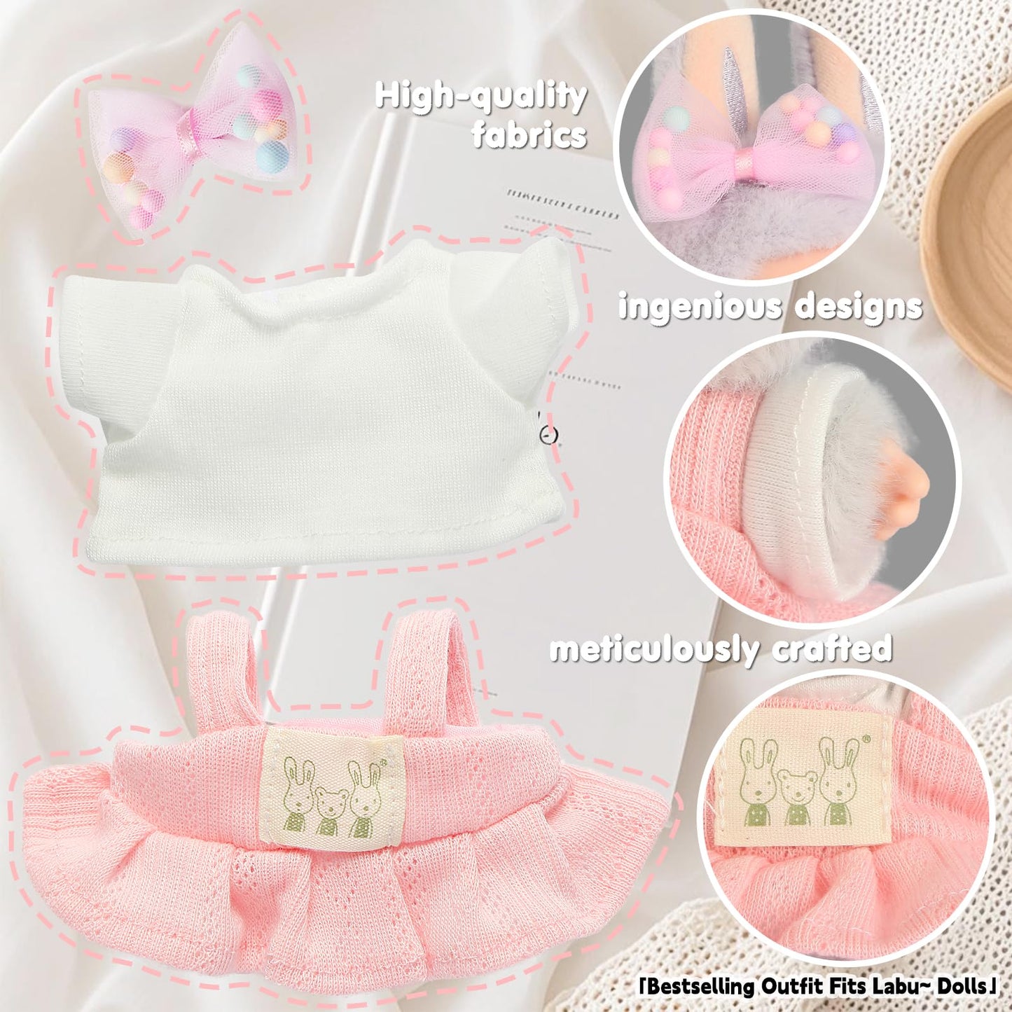 Ciunura Doll Clothing for Labubu – Premium Pink Outfit Set with Shirt, Dress, Bow | 15-Second Quick Dress
