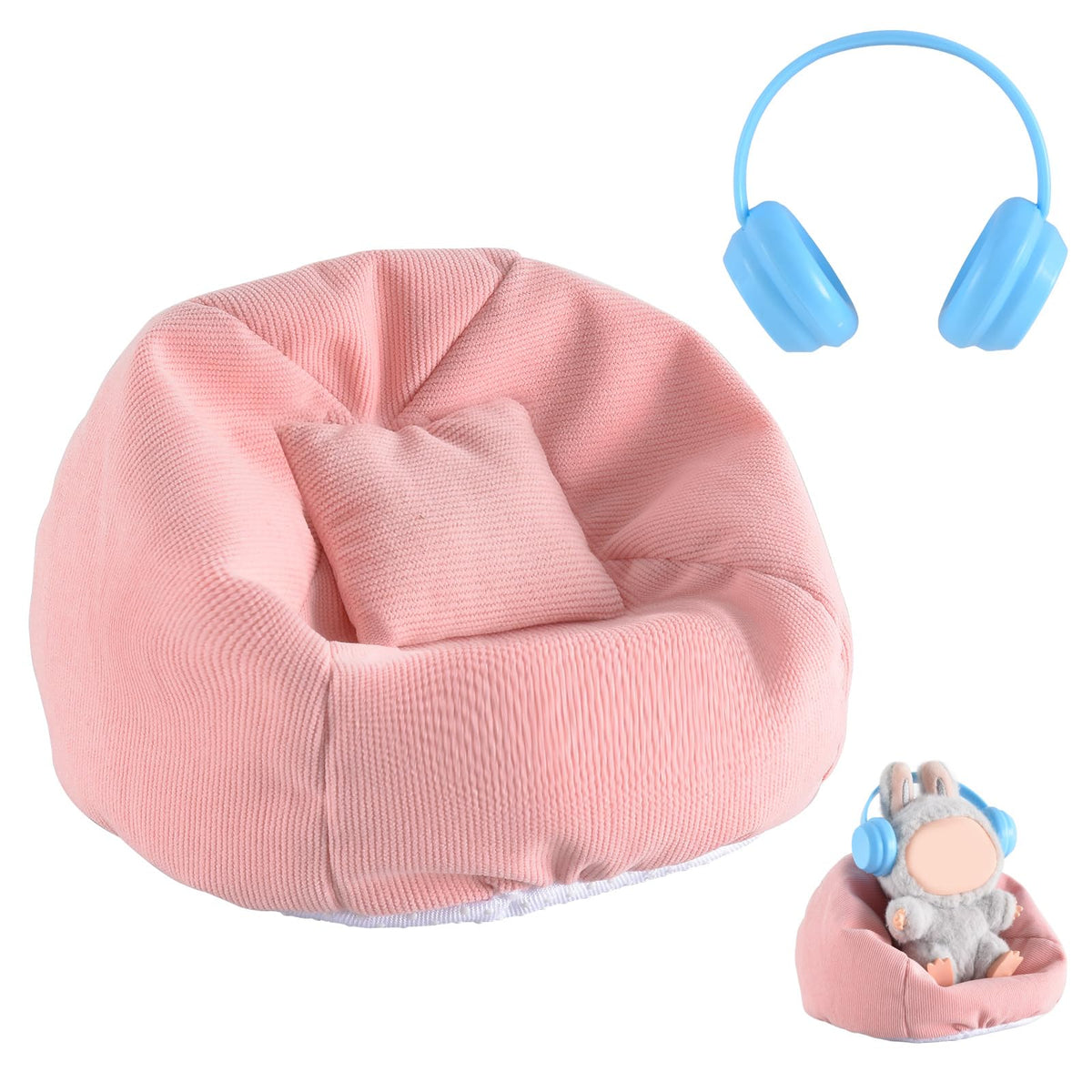Ciunura Doll Seat for LABUBU – Handmade Pink Bean Bag Sofa with Blue Earphone (17 cm) | Anti-Slip Bottom