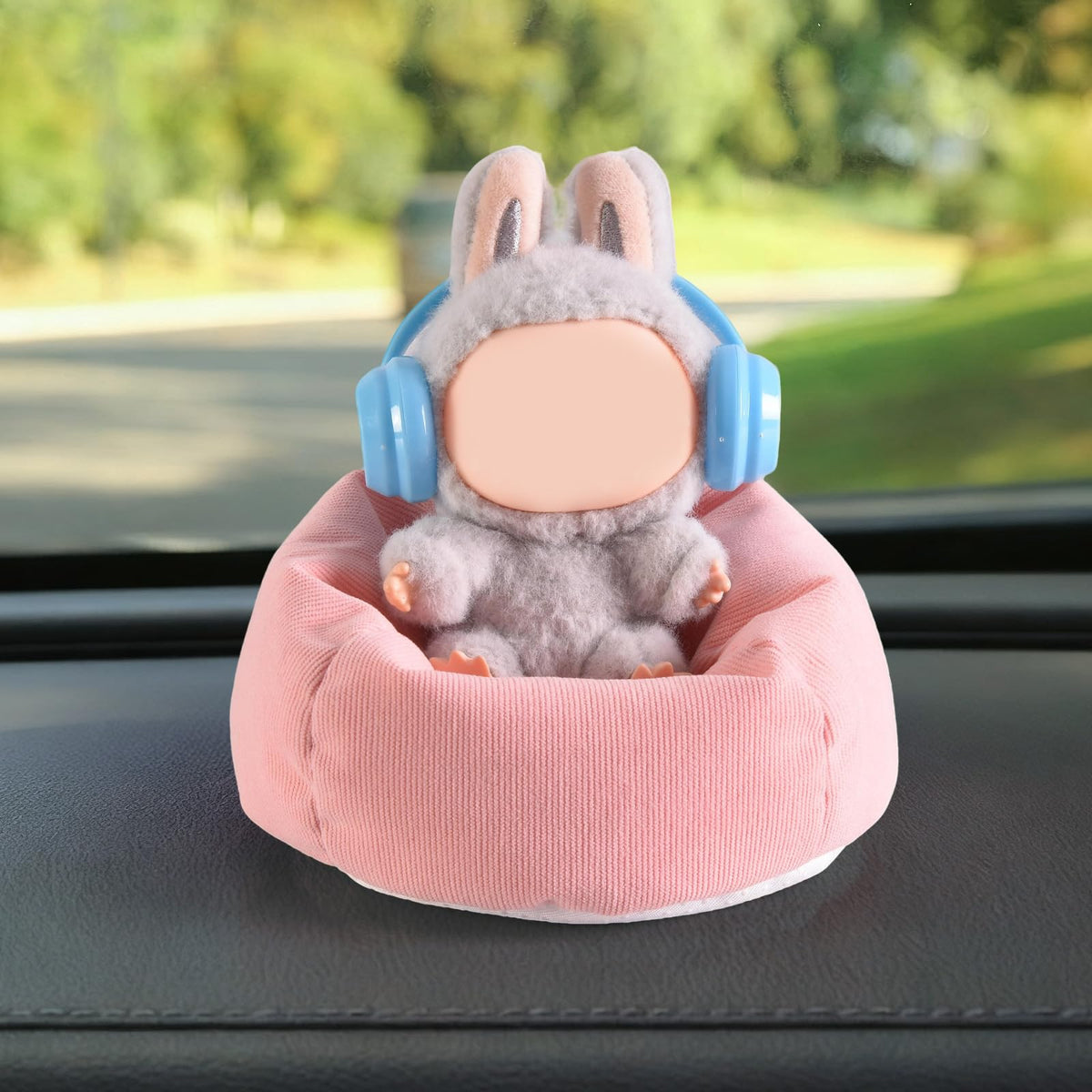 Ciunura Doll Seat for LABUBU – Handmade Pink Bean Bag Sofa with Blue Earphone (17 cm) | Anti-Slip Bottom