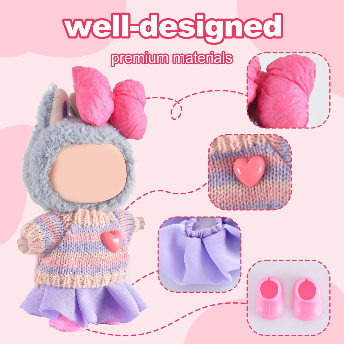 Ciunura Labubu Doll Clothing - Premium 17 cm Outfit Set with Sweater, Dress & Boots (Purple)