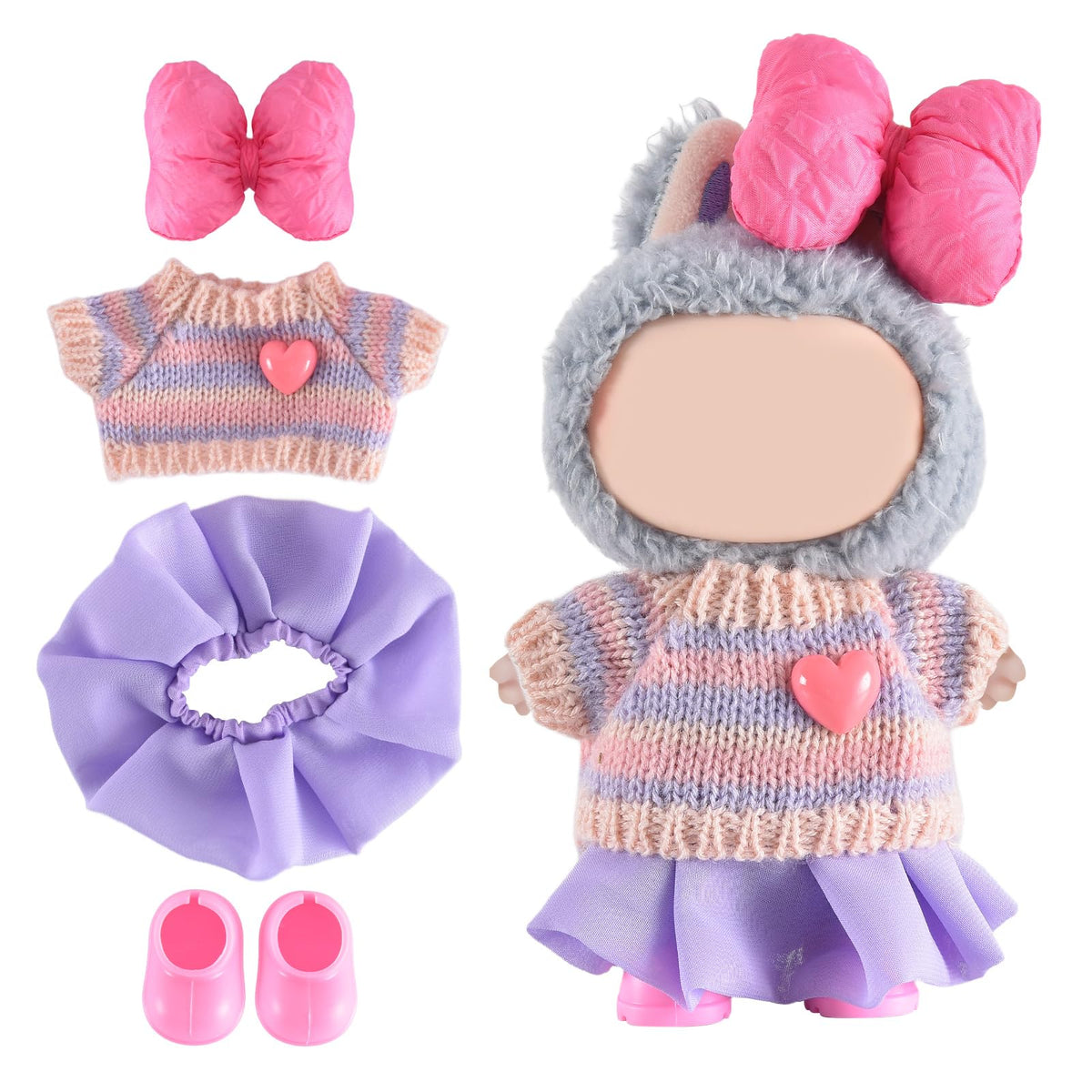 Ciunura Labubu Doll Clothing - Premium 17 cm Outfit Set with Sweater, Dress & Boots (Purple)