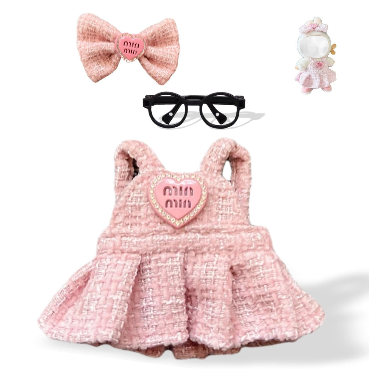 Ciunura Labubu Doll Clothing – Premium Pink Tweed Outfit with Bow Headband