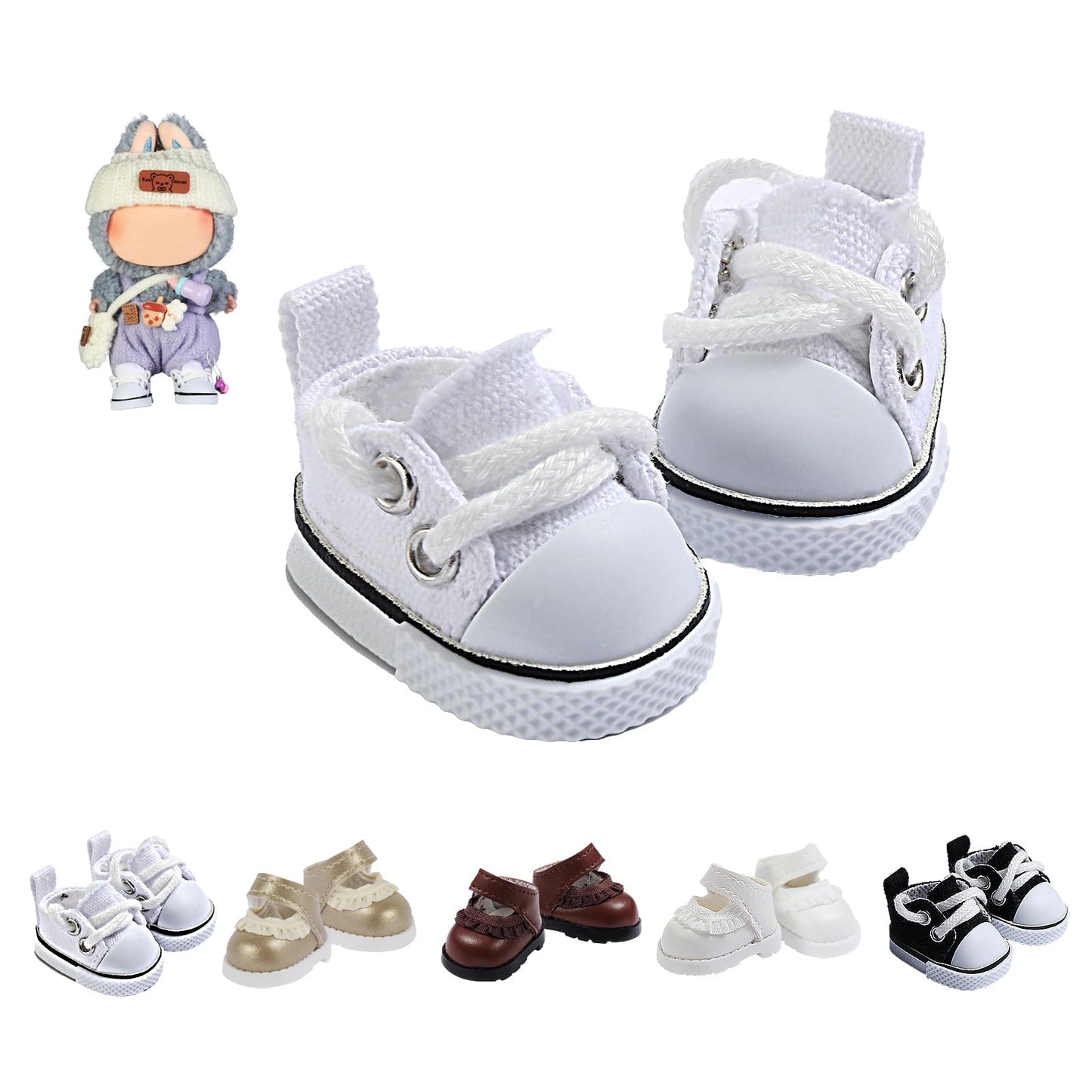 Ciunura Premium Doll Shoes for Lububu – White Canvas, Fits 4-7in Lububu Dolls