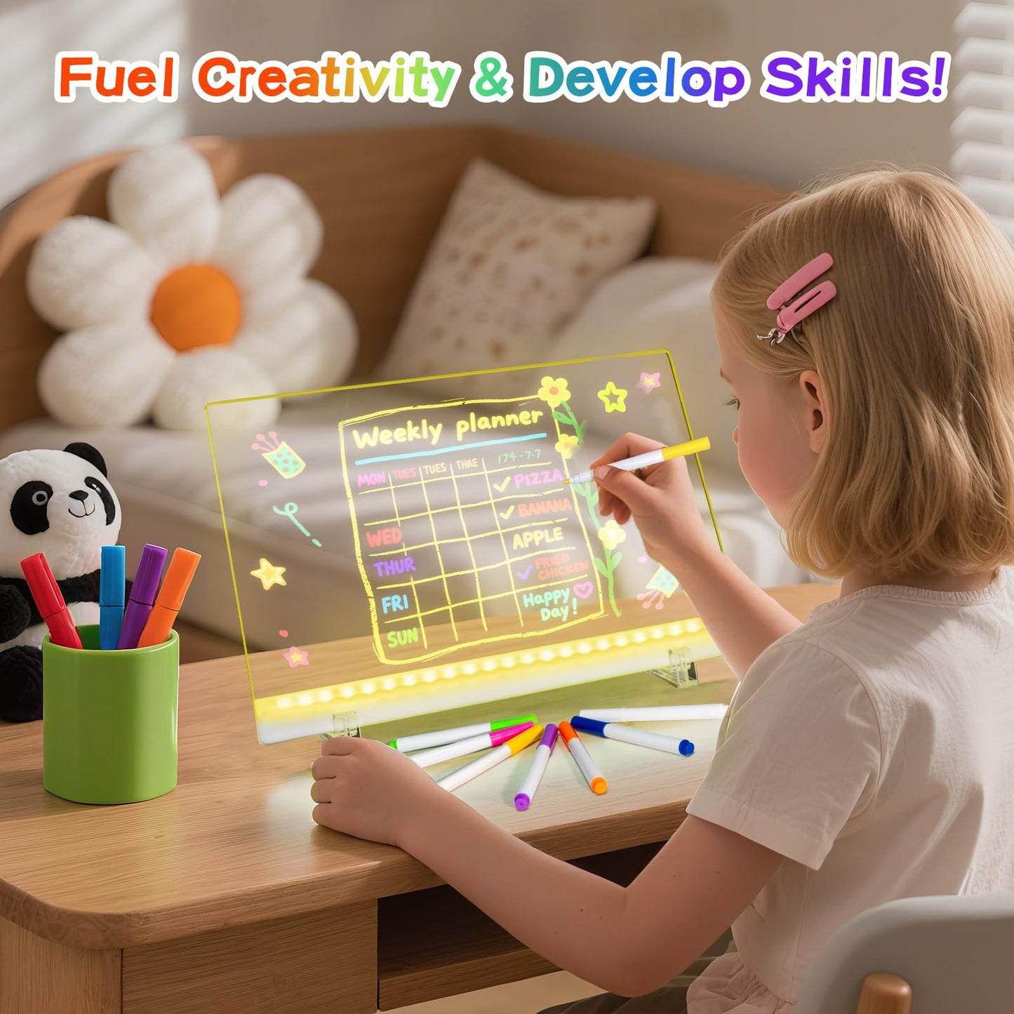 civan LED Drawing Board with Colors – 6 RGB Colors, 4 Modes, 7 Markers, Stand
