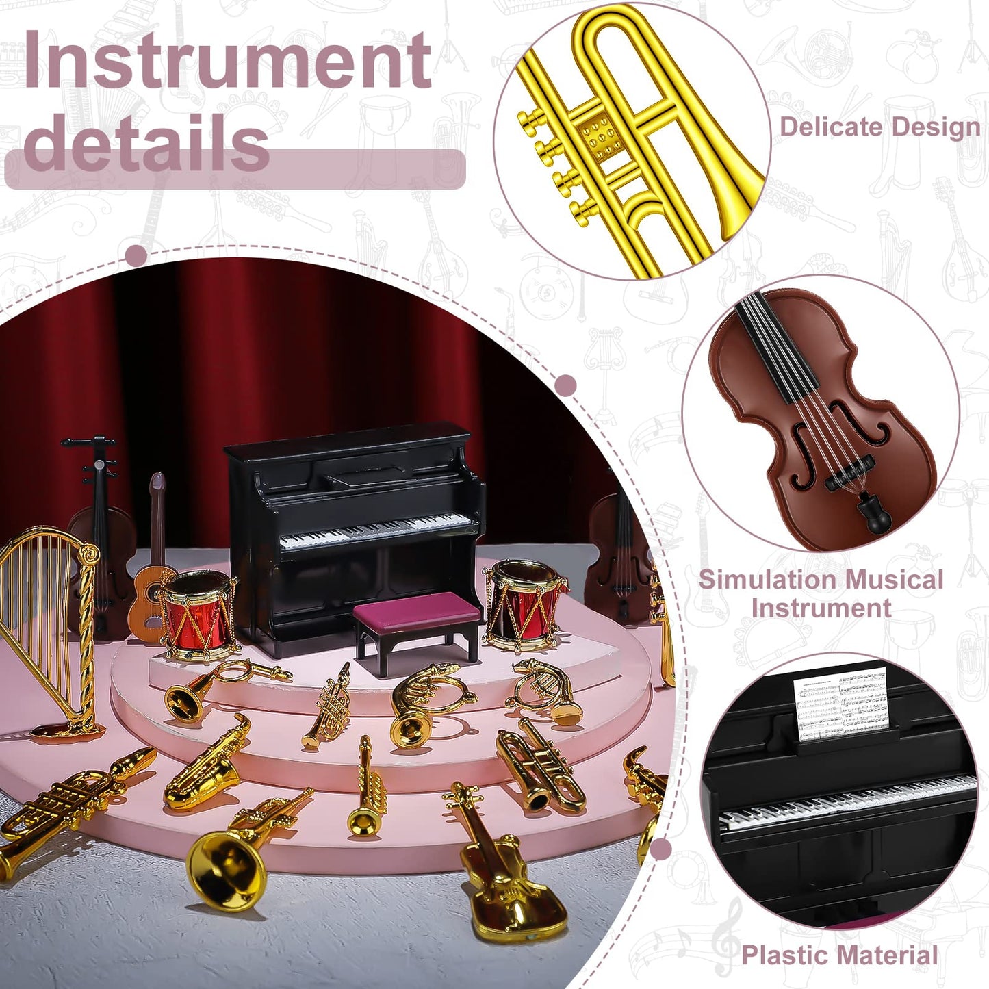 Civaner 24 Pcs Dollhouse Musical Instruments Set – Mini Piano, Violin, Guitar & More