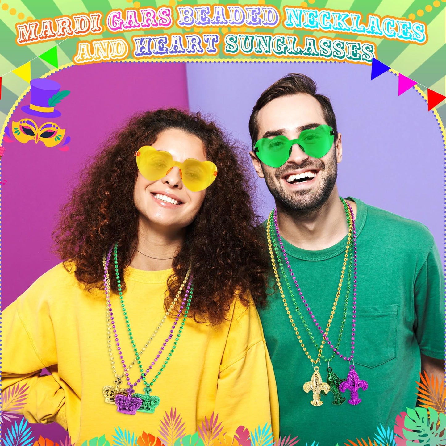 Civaner 36 Pcs Mardi Gras Beads and 3 Heart Sunglasses Bulk Set