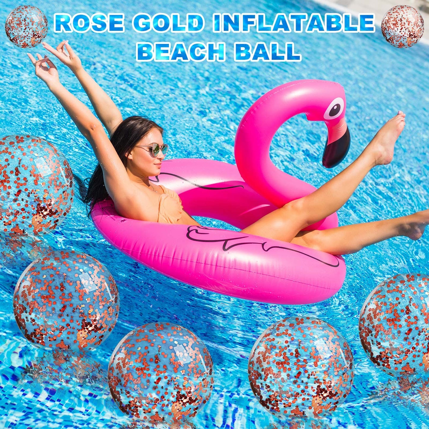 Civaner 10 Pcs Inflatable Glitter Beach Balls 16in – Rose Gold Confetti Pool Balls for Weddings, Baby Showers & Parties