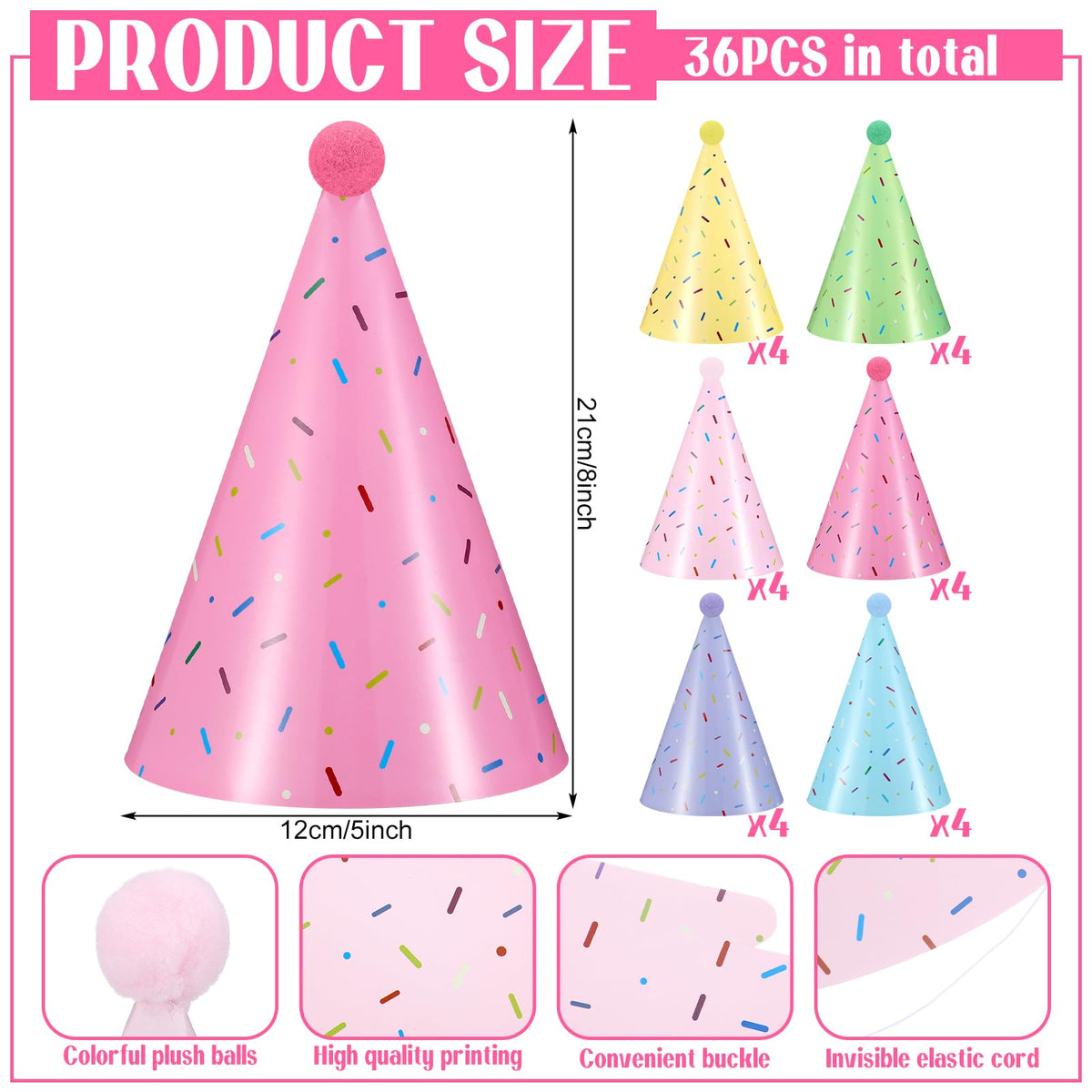Civaner 36 Pcs Colorful Ice Cream Cone Hats - Rainbow Party Confetti