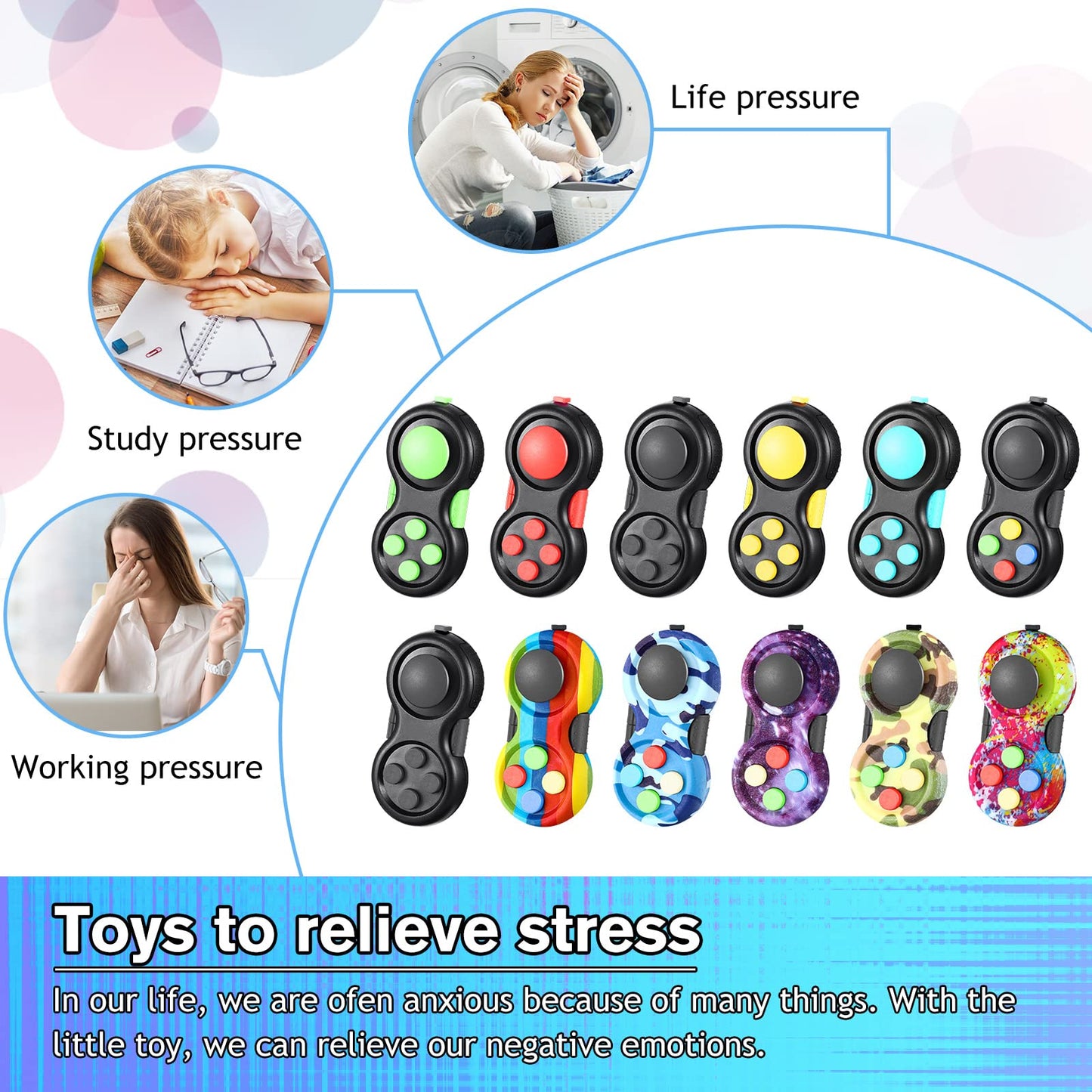 Civaner 12 Pcs Fidget Pad Pack – One-Handed Sensory Toys for Focus