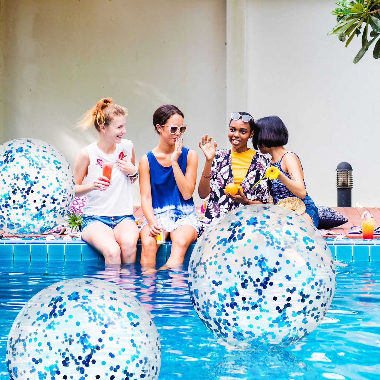 Civaner 10 Pcs Inflatable Glitter Beach Balls - 16in Blue Confetti Pool Decor