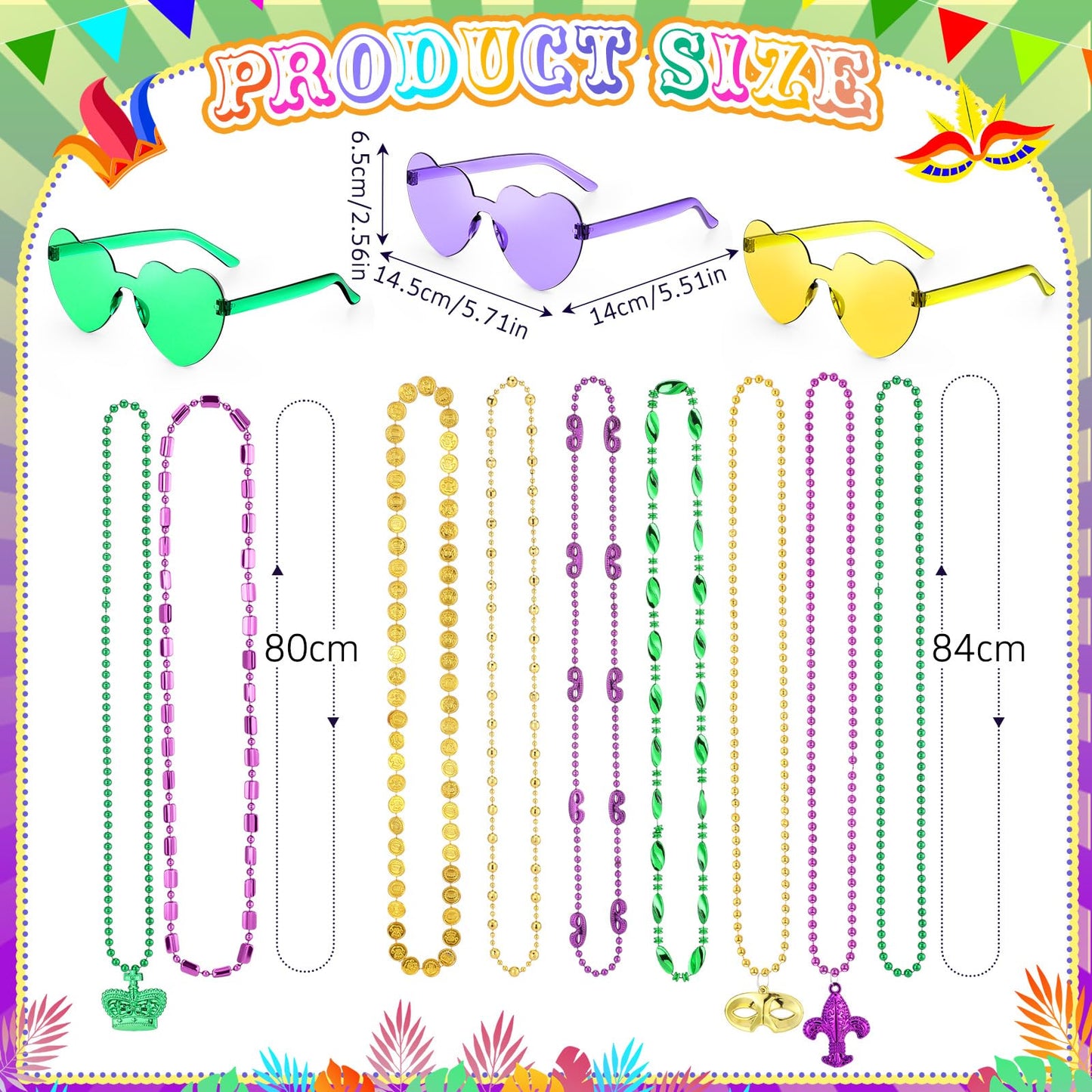 Civaner 36 Pcs Mardi Gras Beads and 3 Heart Sunglasses Bulk Set