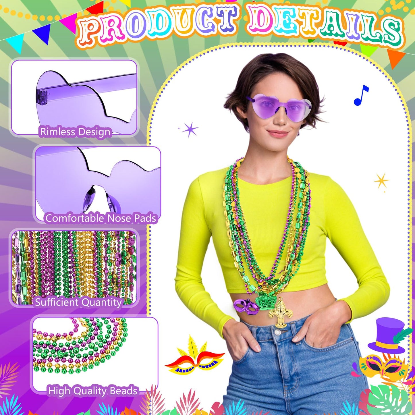 Civaner 36 Pcs Mardi Gras Beads and 3 Heart Sunglasses Bulk Set