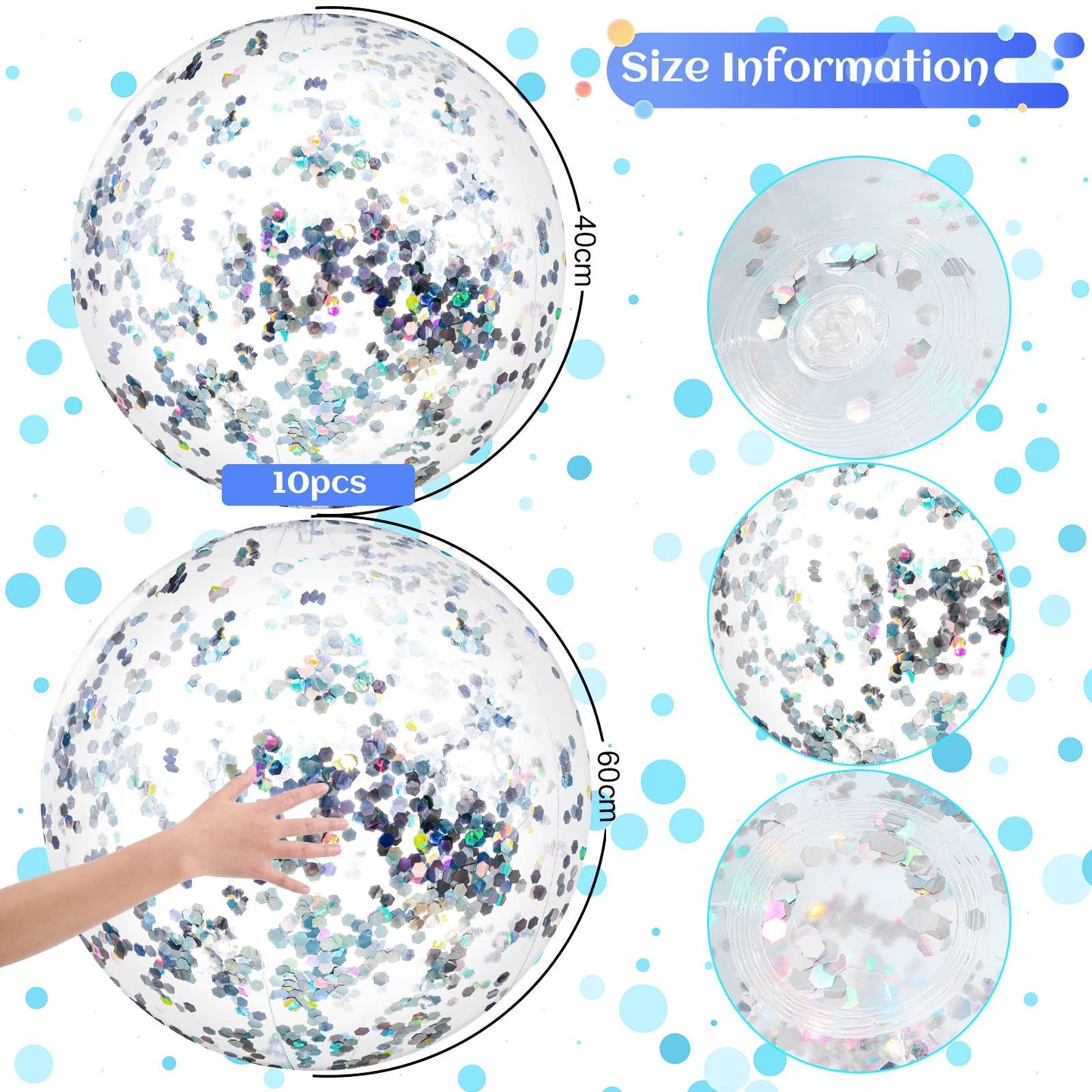 Civaner 10 Pcs Inflatable Glitter Beach Balls 16 Inch – Clear Confetti Pool Balls for Weddings & Parties (Silver Glitter)