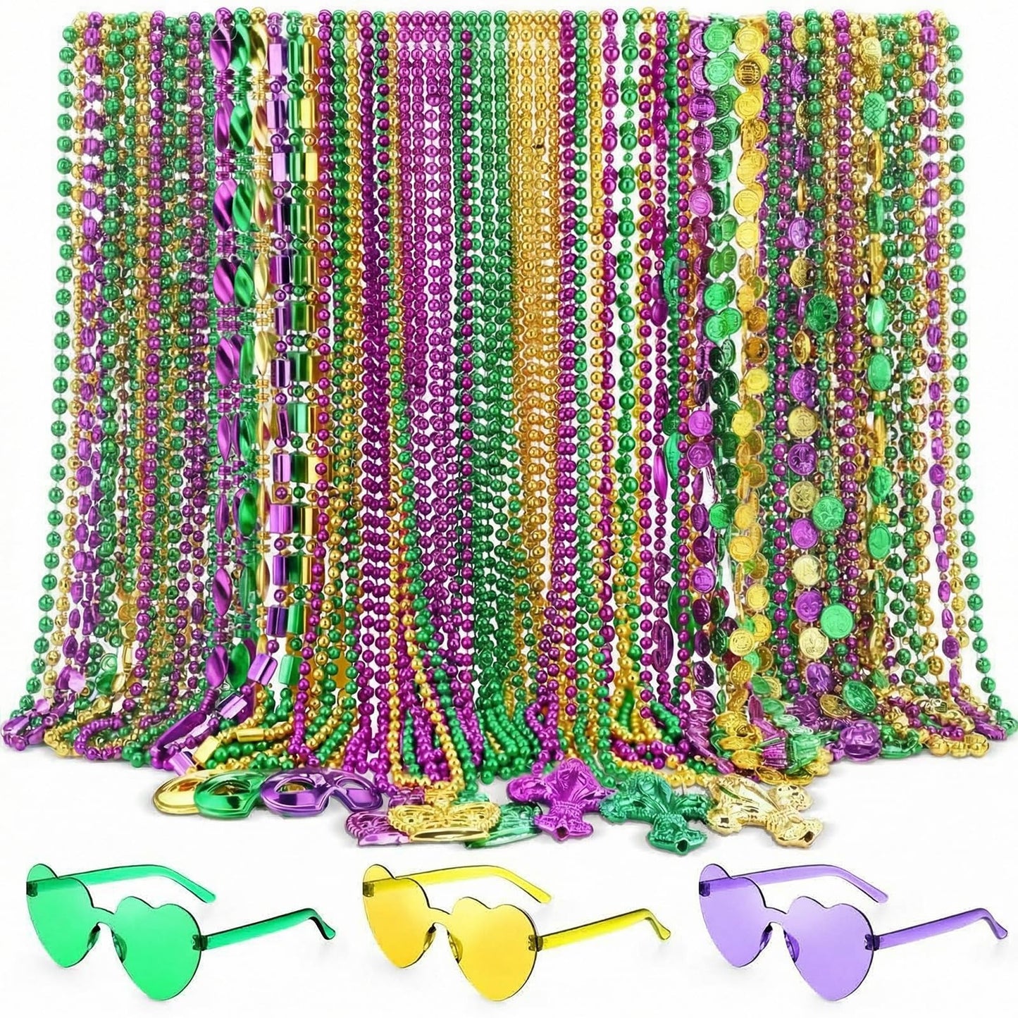 Civaner 36 Pcs Mardi Gras Beads and 3 Heart Sunglasses Bulk Set