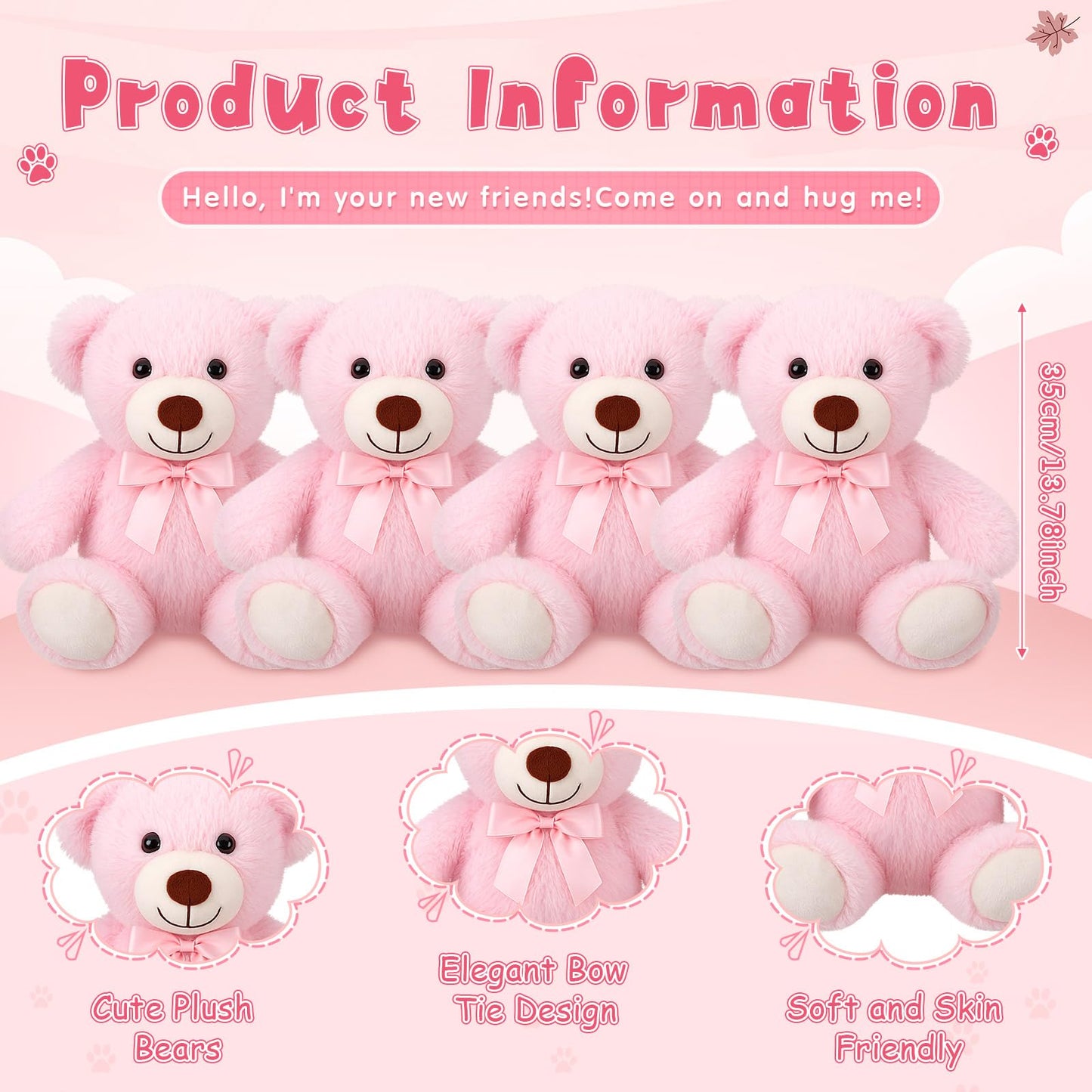 Civaner 4 Pack Pink Teddy Bears Plush — 13.78-Inch Soft Stuffed Animals Gift Set