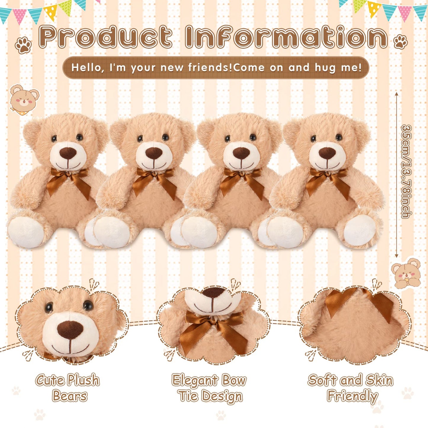 Civaner 4 Pack 14-Inch Teddy Bears Plush – Soft Light Brown Stuffed Animals, Gift Bulk