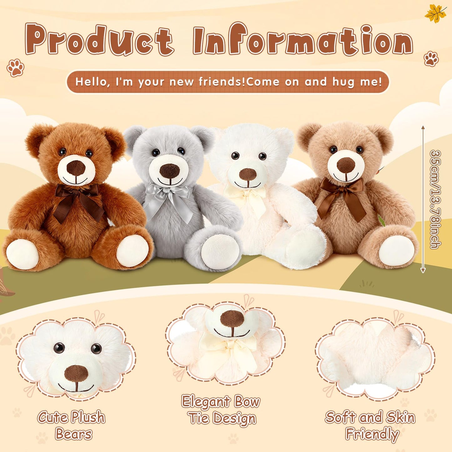 Civaner 4 Pack 14-Inch Teddy Bears Plush — Soft, Cute Stuffed Animals in Light Brown, Dark Brown, White & Gray