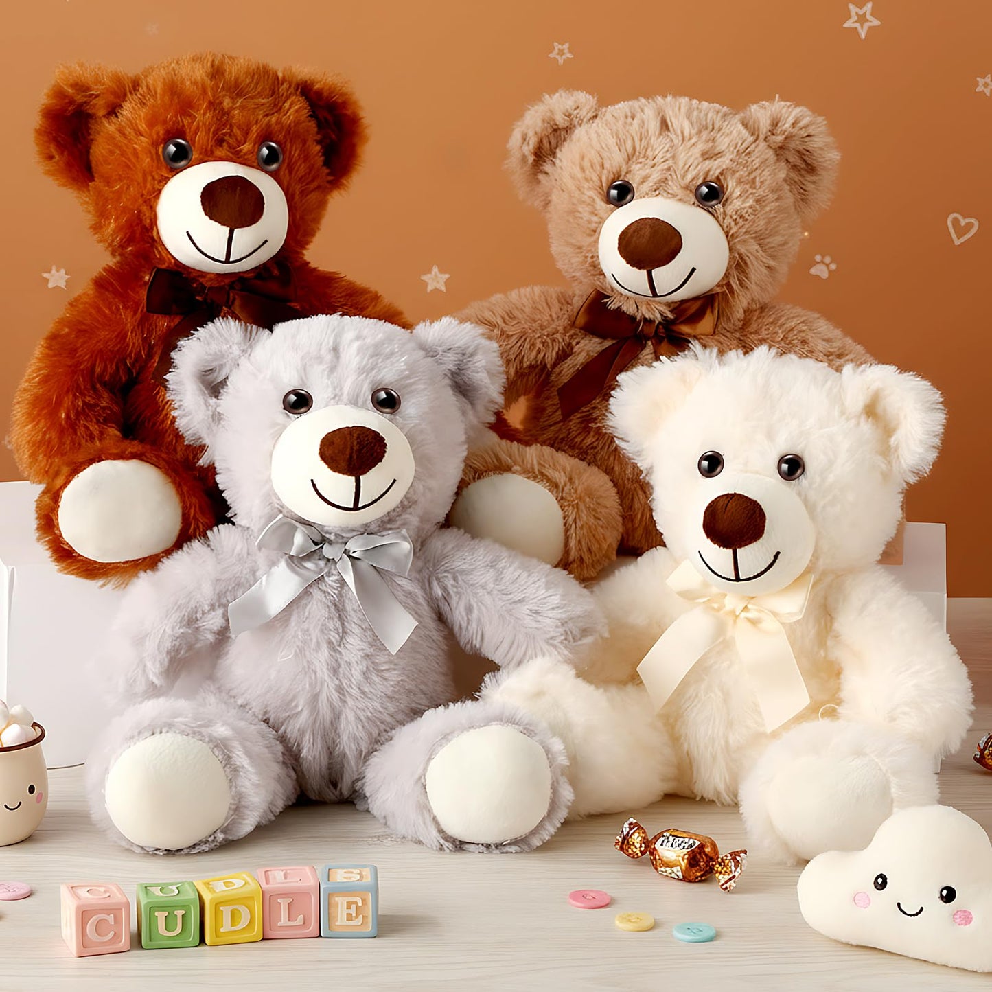 Civaner 4 Pack 14-Inch Teddy Bears Plush — Soft, Cute Stuffed Animals in Light Brown, Dark Brown, White & Gray