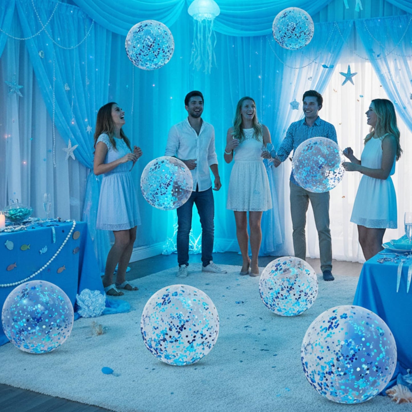 Civaner 10 Pcs Inflatable Glitter Beach Balls - 16in Blue Confetti Pool Decor