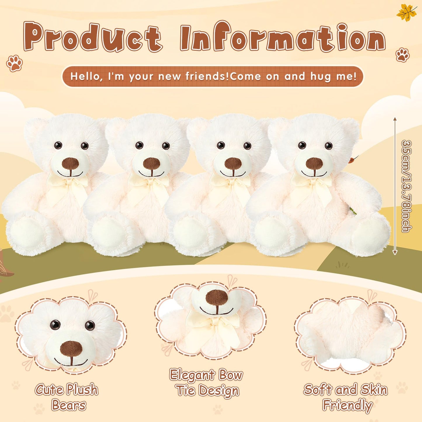 Civaner 4-Pack 13.8-Inch White Teddy Bears – Soft Plush Stuffed Animals Gift Set