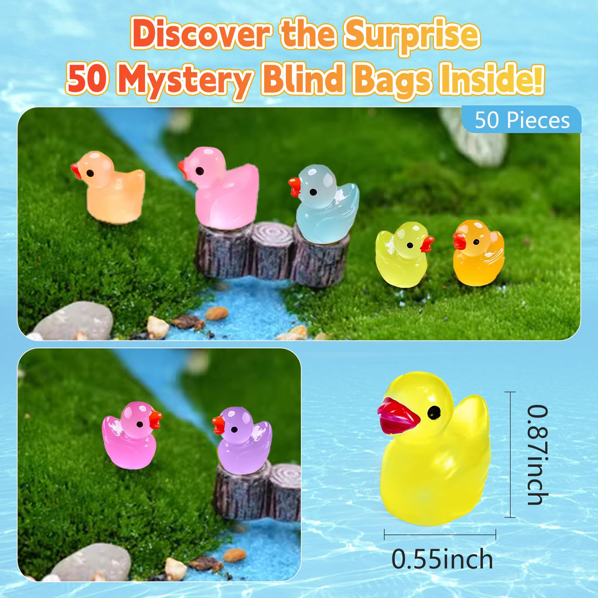 CIYOJA 50 Pcs Glow-in-the-Dark Mini Resin Ducks Blind Bag Set | Fairy Garden & Craft Decor