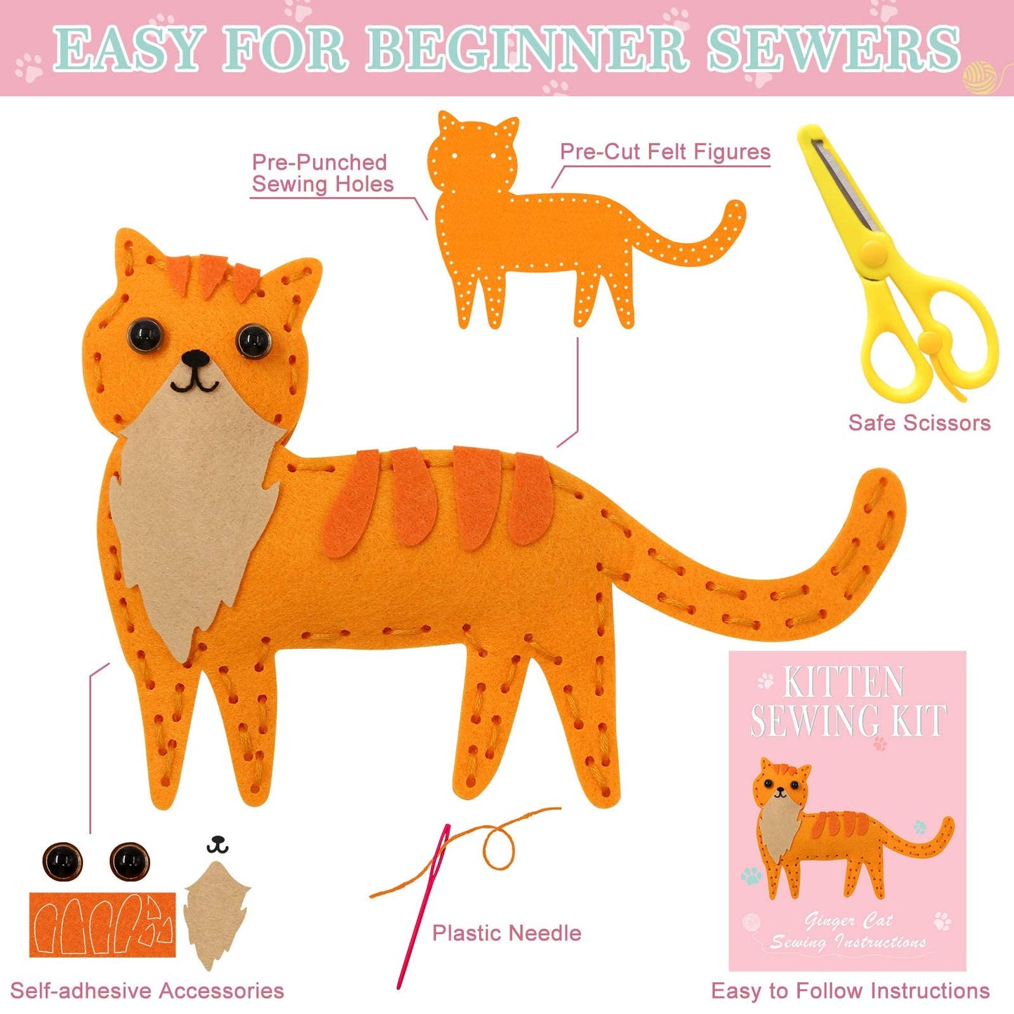 CiyvoLyeen Cat Sewing Kit for Kids – Beginner Felt Craft Set (Ages 7-12)