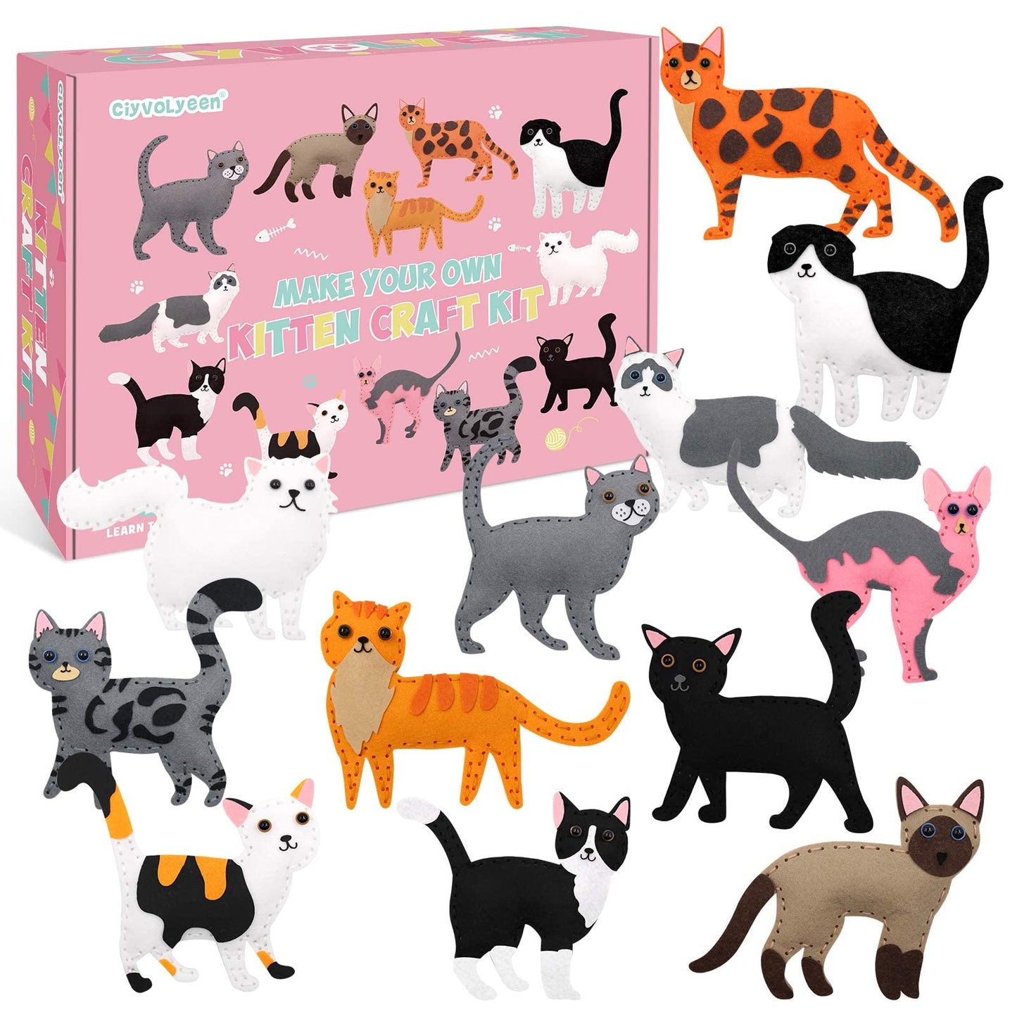 CiyvoLyeen Cat Sewing Kit for Kids – Beginner Felt Craft Set (Ages 7-12)
