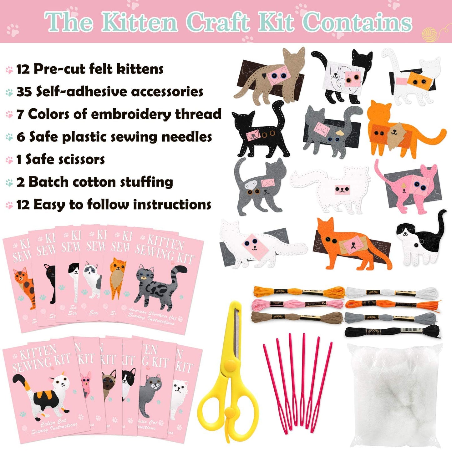 CiyvoLyeen Cat Sewing Kit for Kids – Beginner Felt Craft Set (Ages 7-12)
