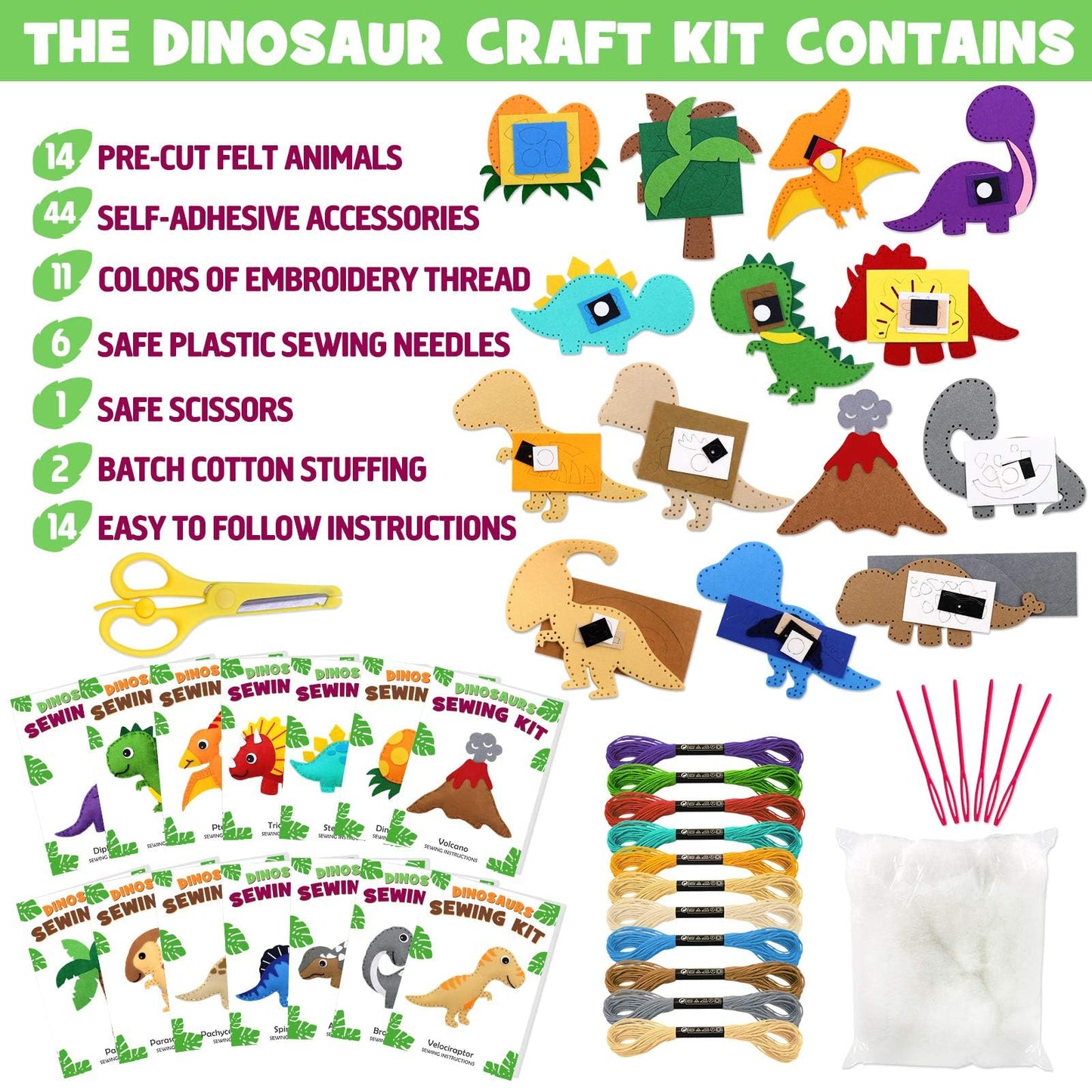 CiyvoLyeen Dinosaur Sewing Craft Kit for Kids – 14-Piece Felt Dino Set