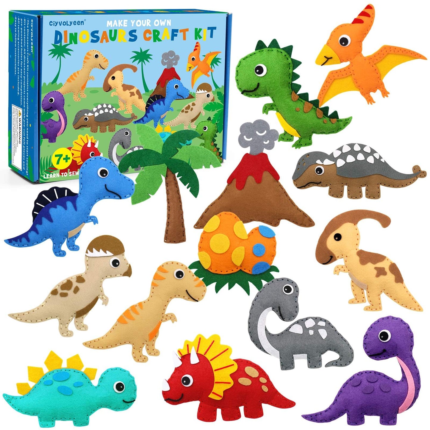 CiyvoLyeen Dinosaur Sewing Craft Kit for Kids – 14-Piece Felt Dino Set